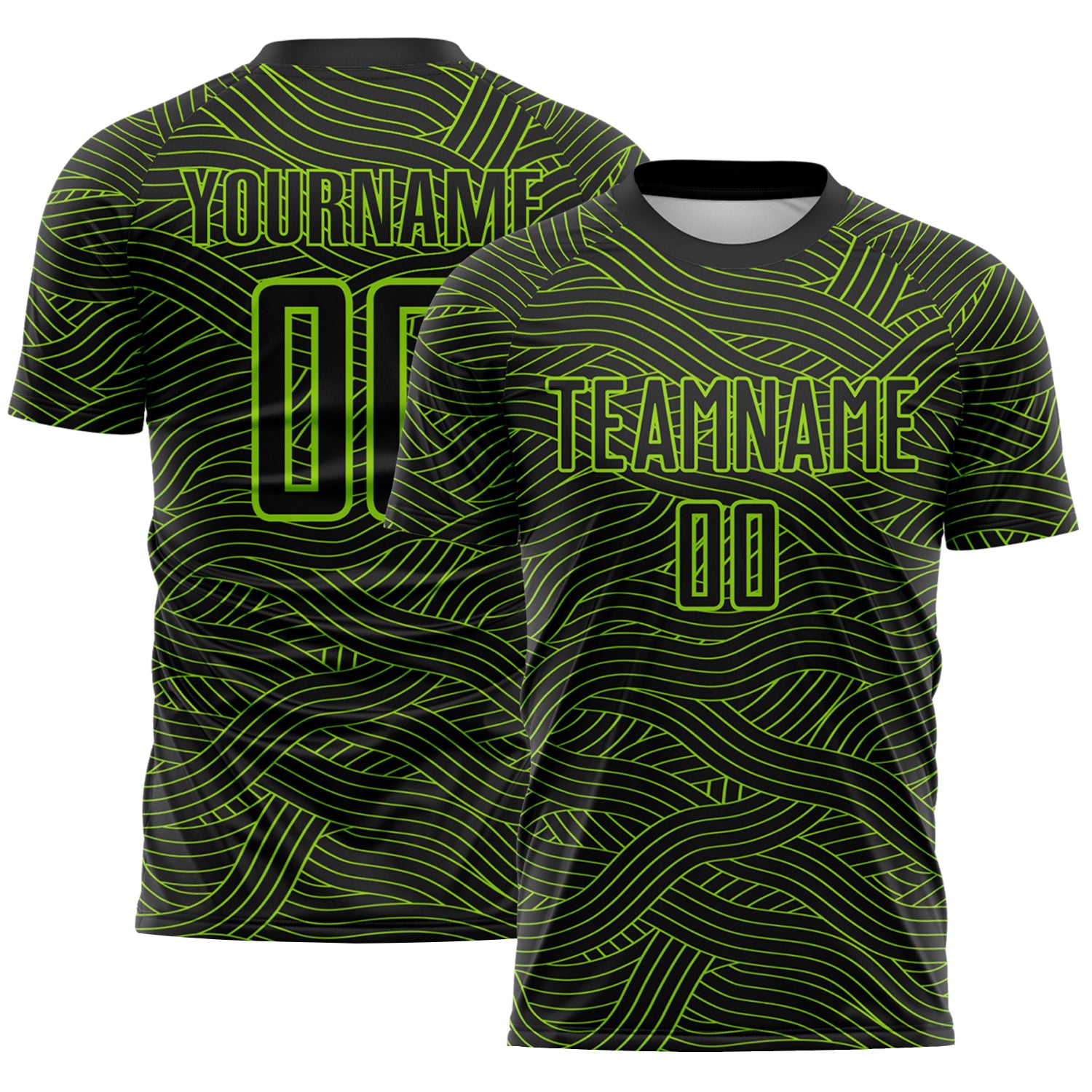 Custom Black-Neon Green Abstract Wave Lines Interlocking Sublimation Soccer Uniform Jersey