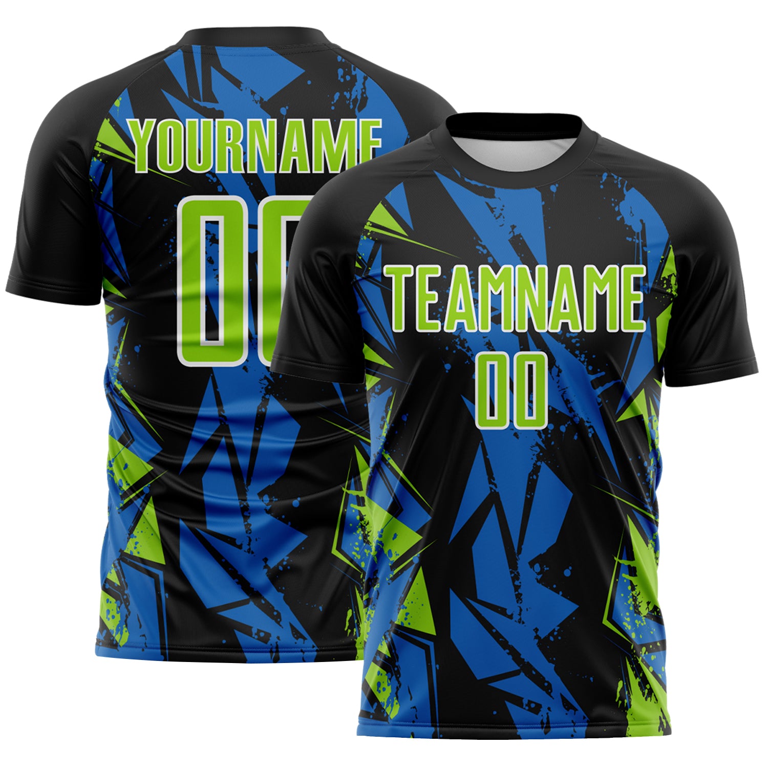 Custom Black Neon Green Blue-White Geometric Shard Grunge Splash Sublimation Soccer Uniform Jersey
