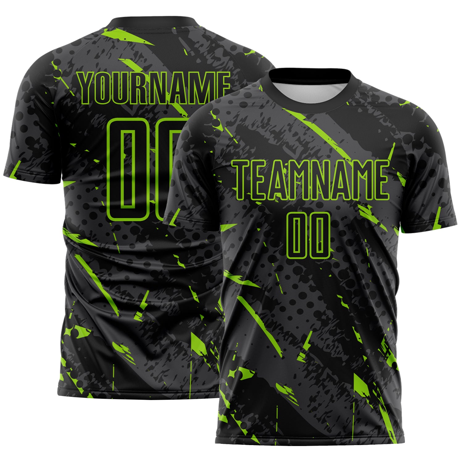 Custom Black Neon Green-Gray Brush Stroke Slashes And Dot Grid Sublimation Soccer Uniform Jersey