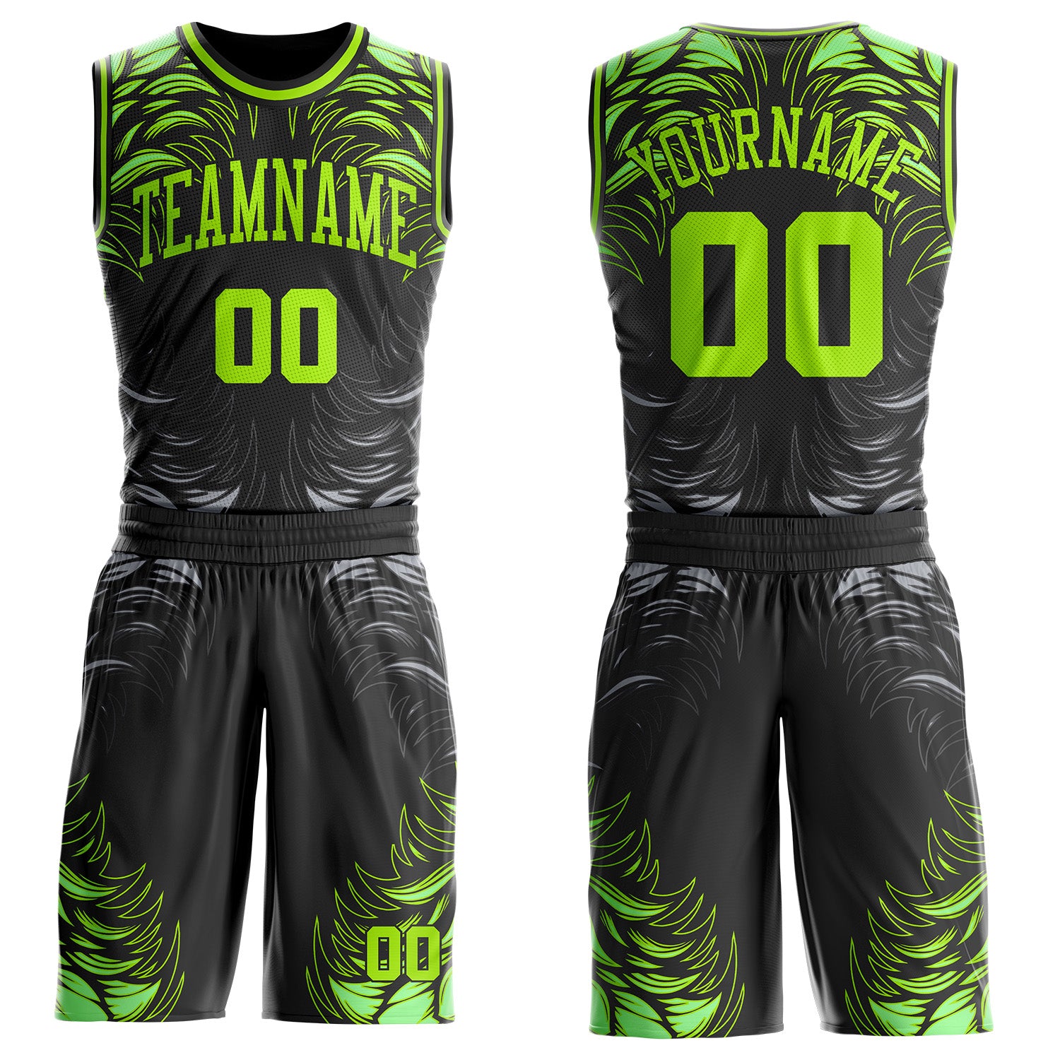 Custom Black Neon Green-Gray Feather Wing Boho Style Round Neck Sublimation Basketball Uniform Jersey