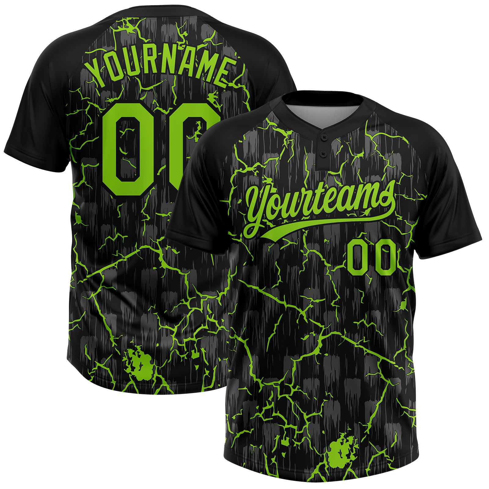 Custom Black Neon Green-Gray Raglan Sleeves Neon Lightning Crackle Two-Button Unisex Softball Jersey