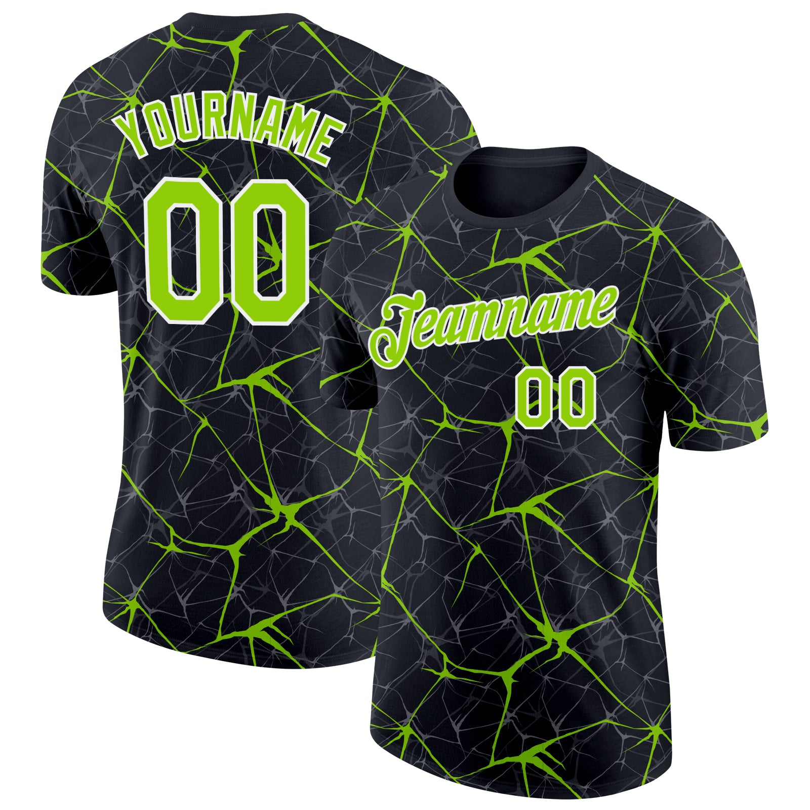 Custom Black Neon Green Gray-White Abstract Network Crackle Performance T-Shirt