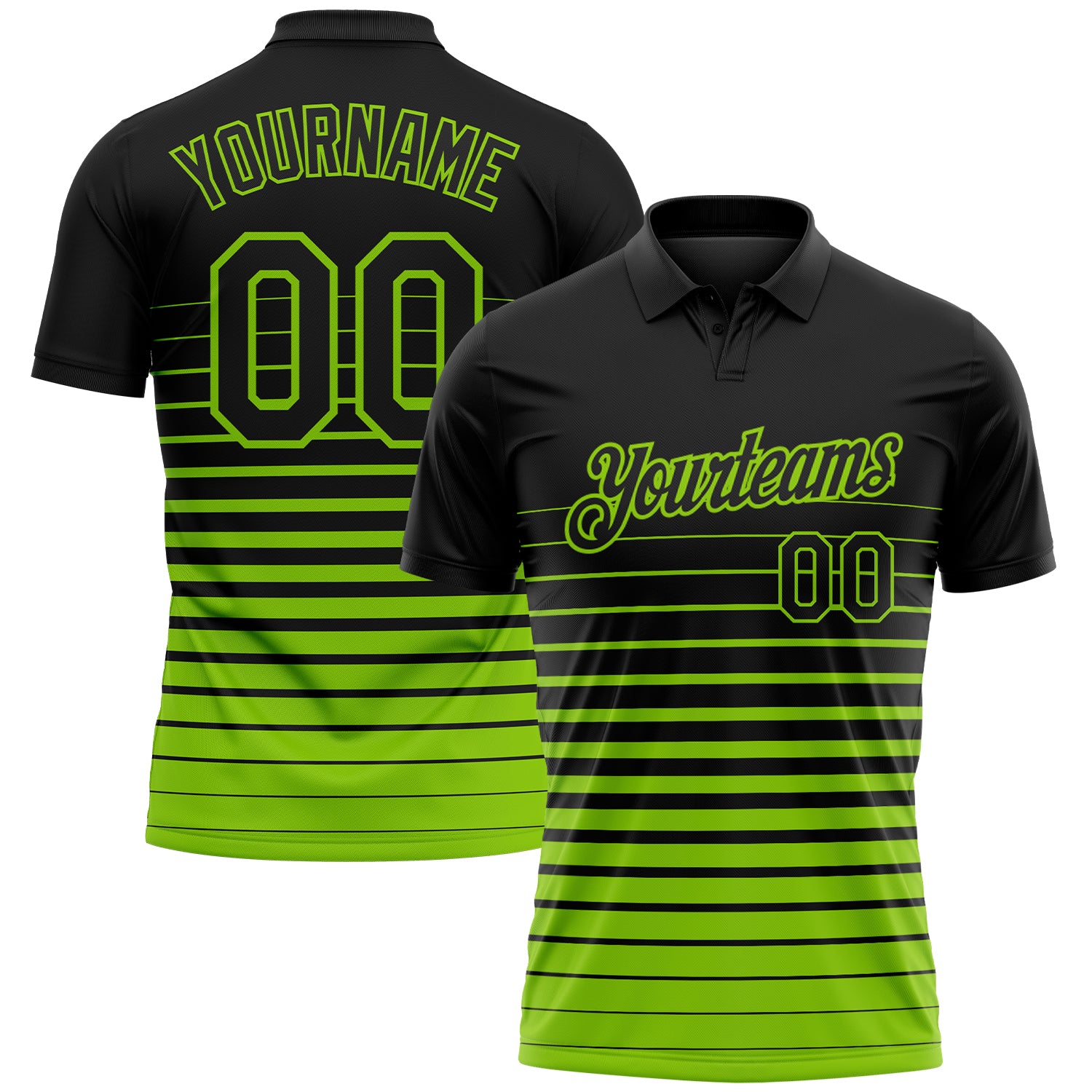 Custom Black-Neon Green Horizontal Gradient Stripe Performance Polo Shirt