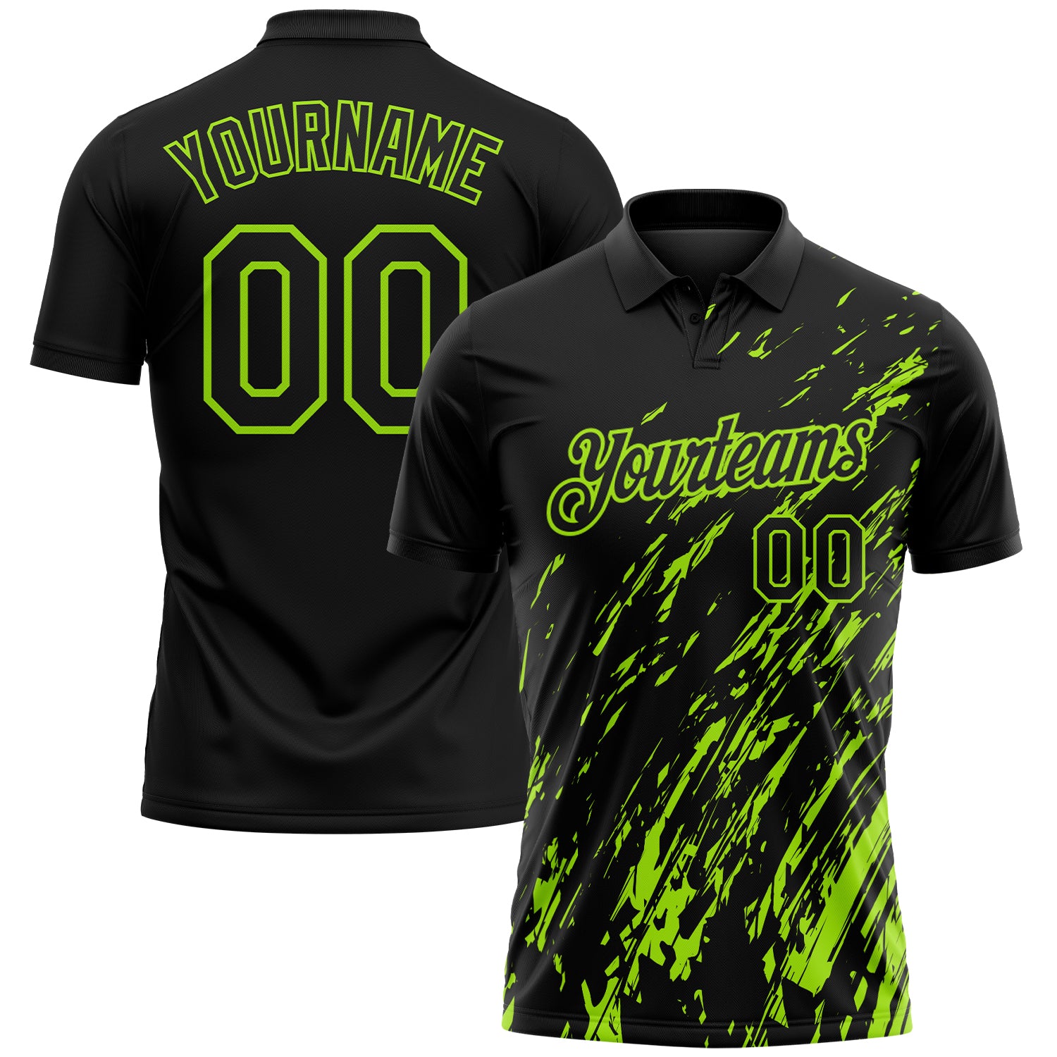 Custom Black-Neon Green Paint Stroke Grunge Streak Performance Polo Shirt
