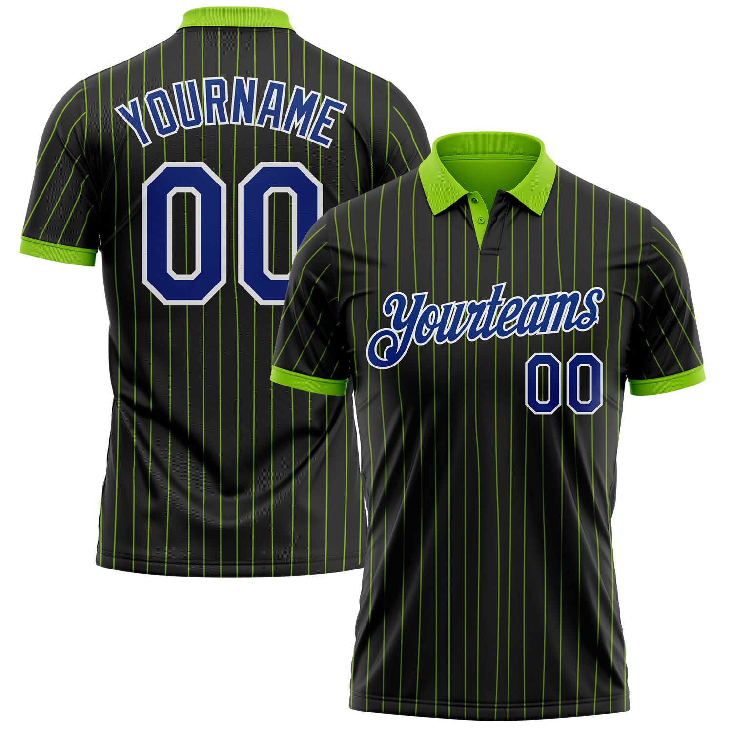 Custom Black Neon Green Pinstripe Royal-White Performance Polo Shirt