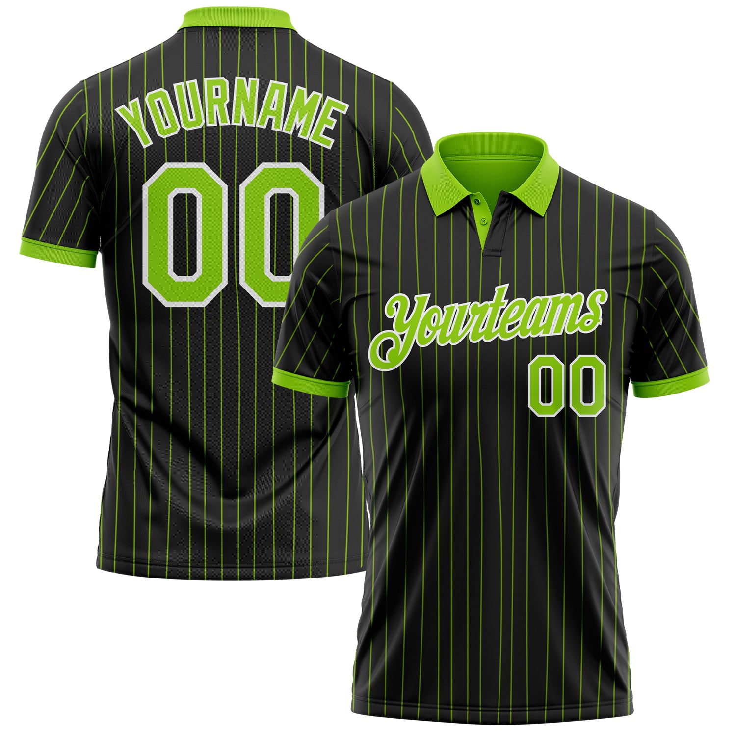 Custom Black Neon Green Pinstripe-White Performance Polo Shirt