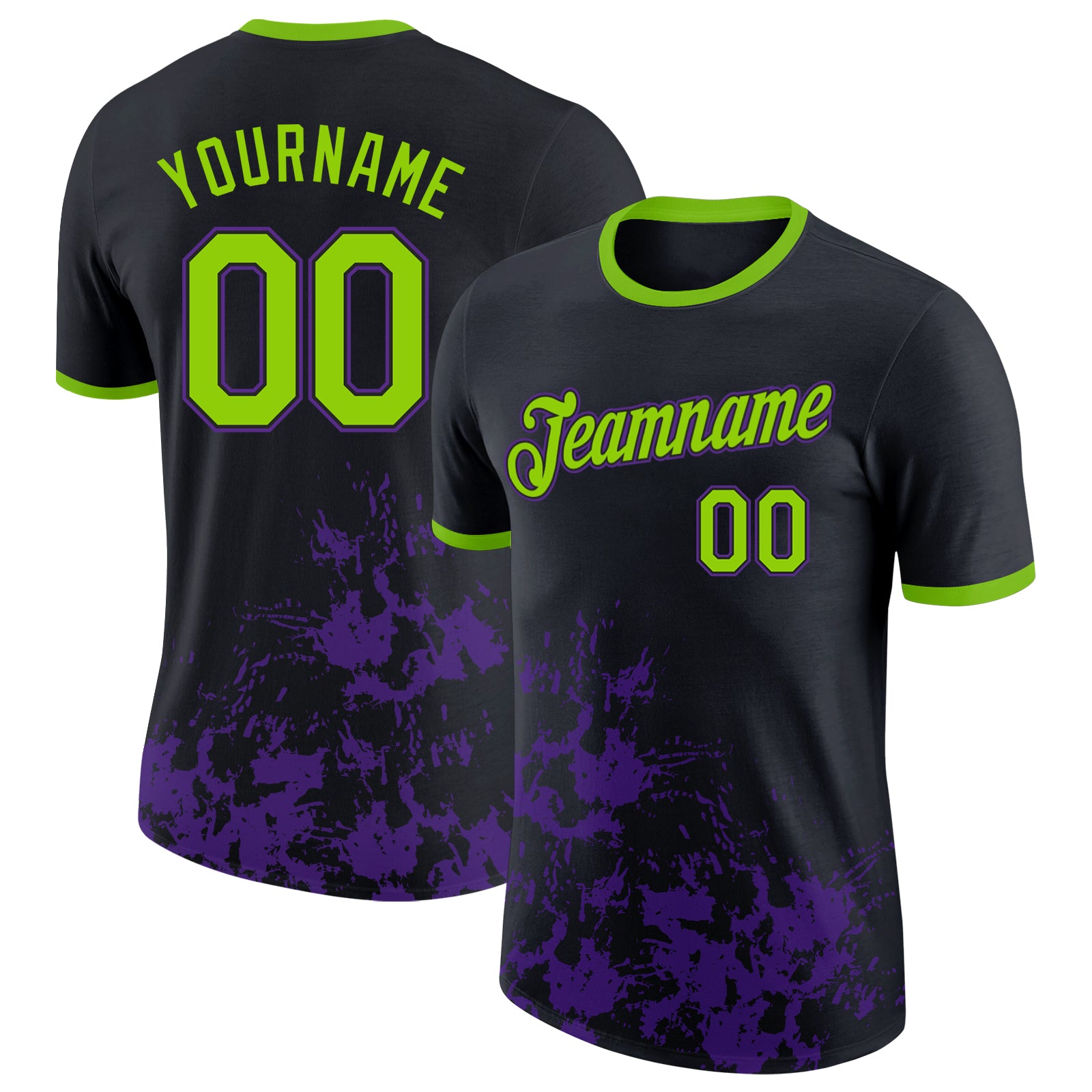 Custom Black Neon Green-Purple Brush Stroke Splatter Performance T-Shirt