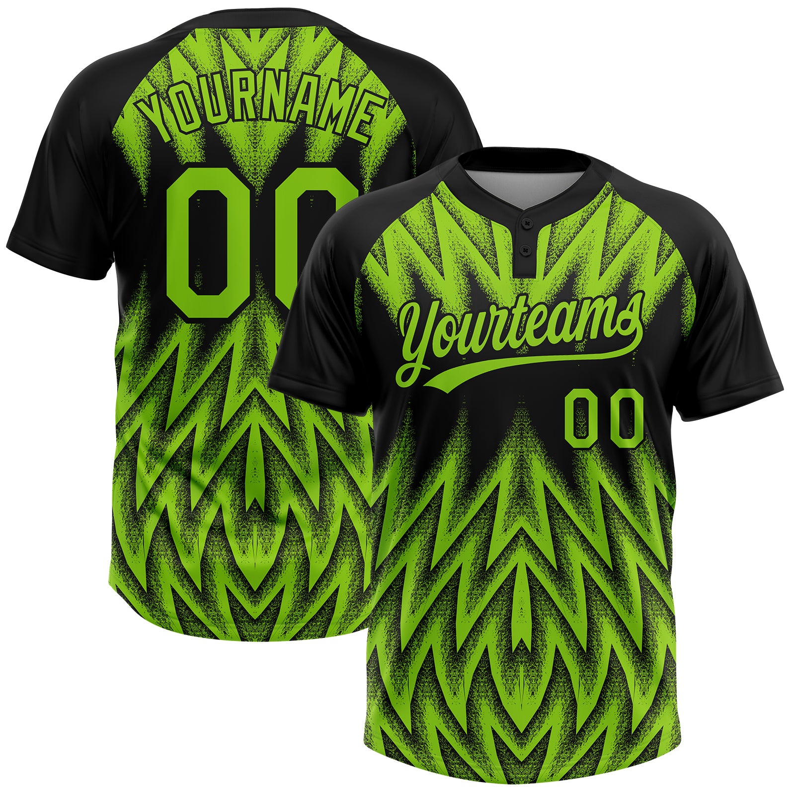 Custom Black-Neon Green Raglan Sleeves Abstract Geometric Chevron Zigzag Two-Button Unisex Softball Jersey