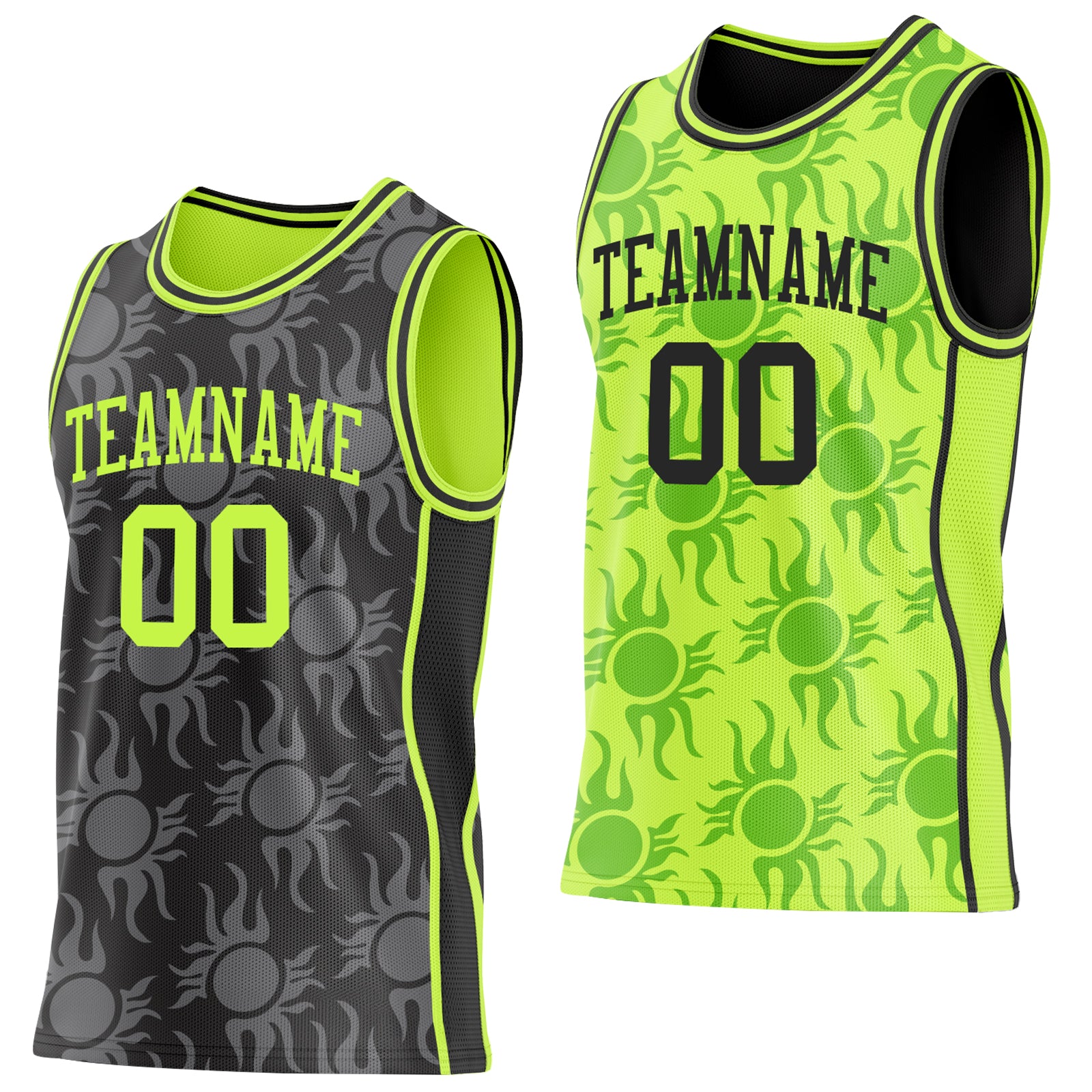 Custom Black-Neon Green Side Panel Stripe Sun Flame Reversible Double Side Sublimation Basketball Set Jersey