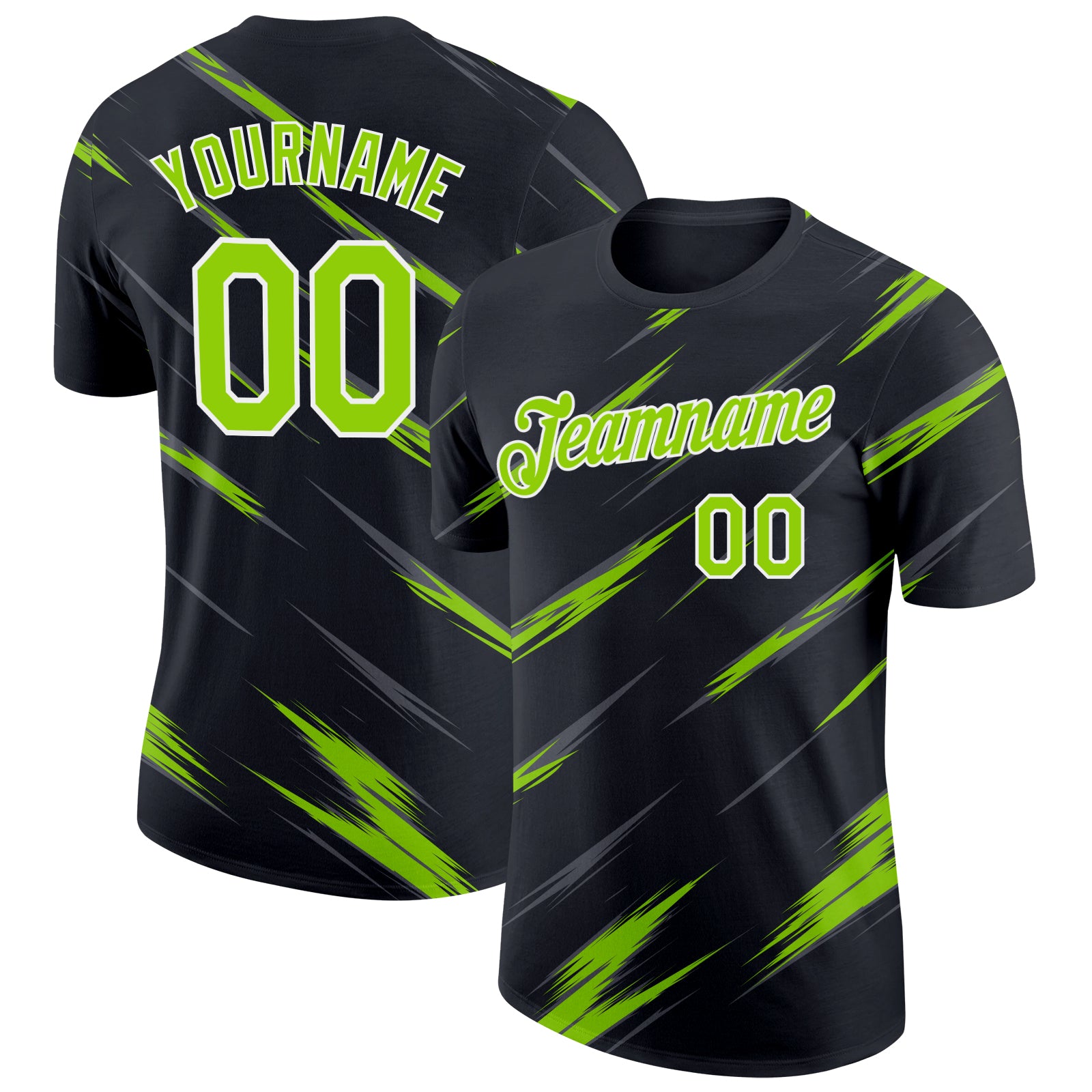 Custom Black Neon Green Steel Gray-White Abstract Brush Stroke Performance T-Shirt