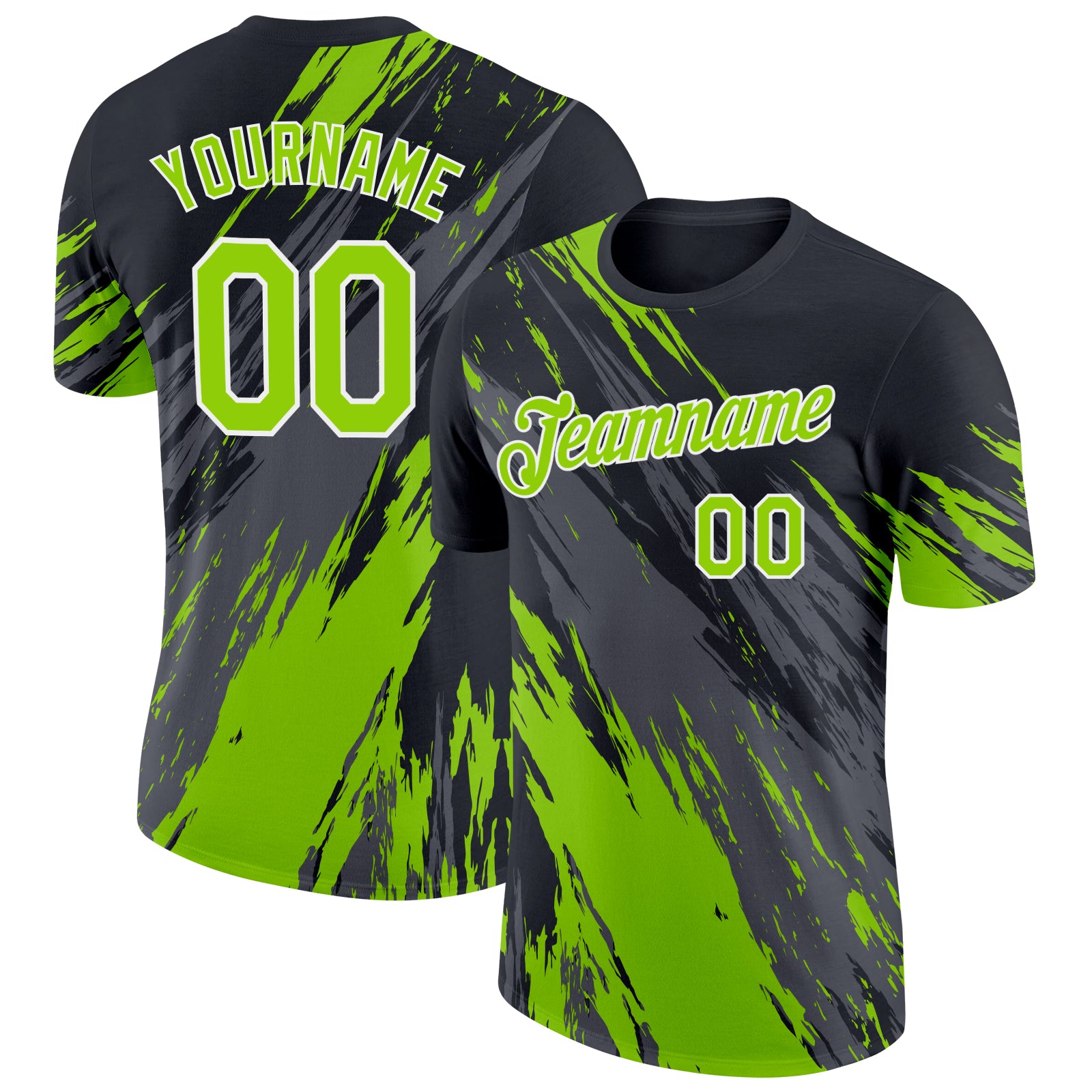 Custom Black Neon Green Steel Gray-White Abstract Brush Stroke Splatter Performance T-Shirt