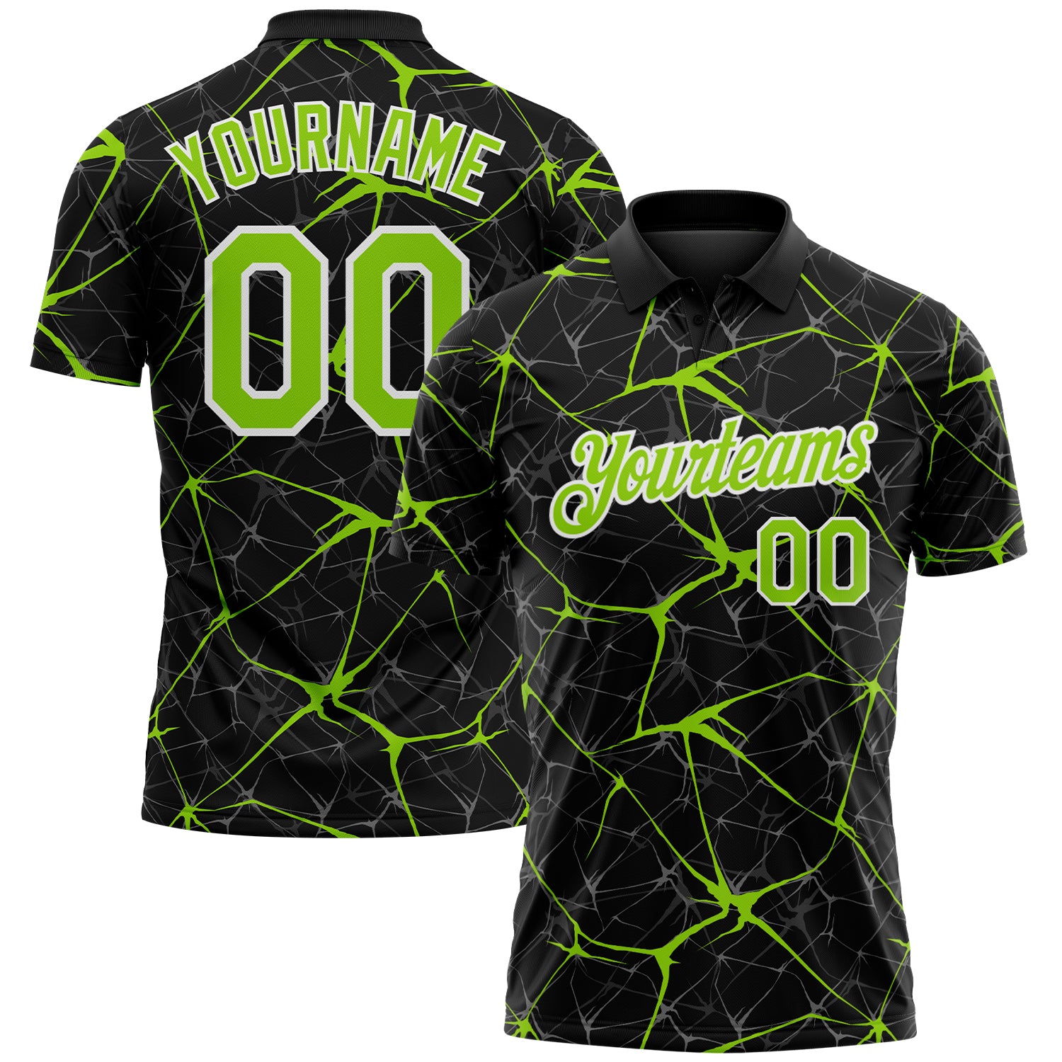 Custom Black Neon Green-White 3D Pattern Abstract Network Crackle Performance Polo Shirt
