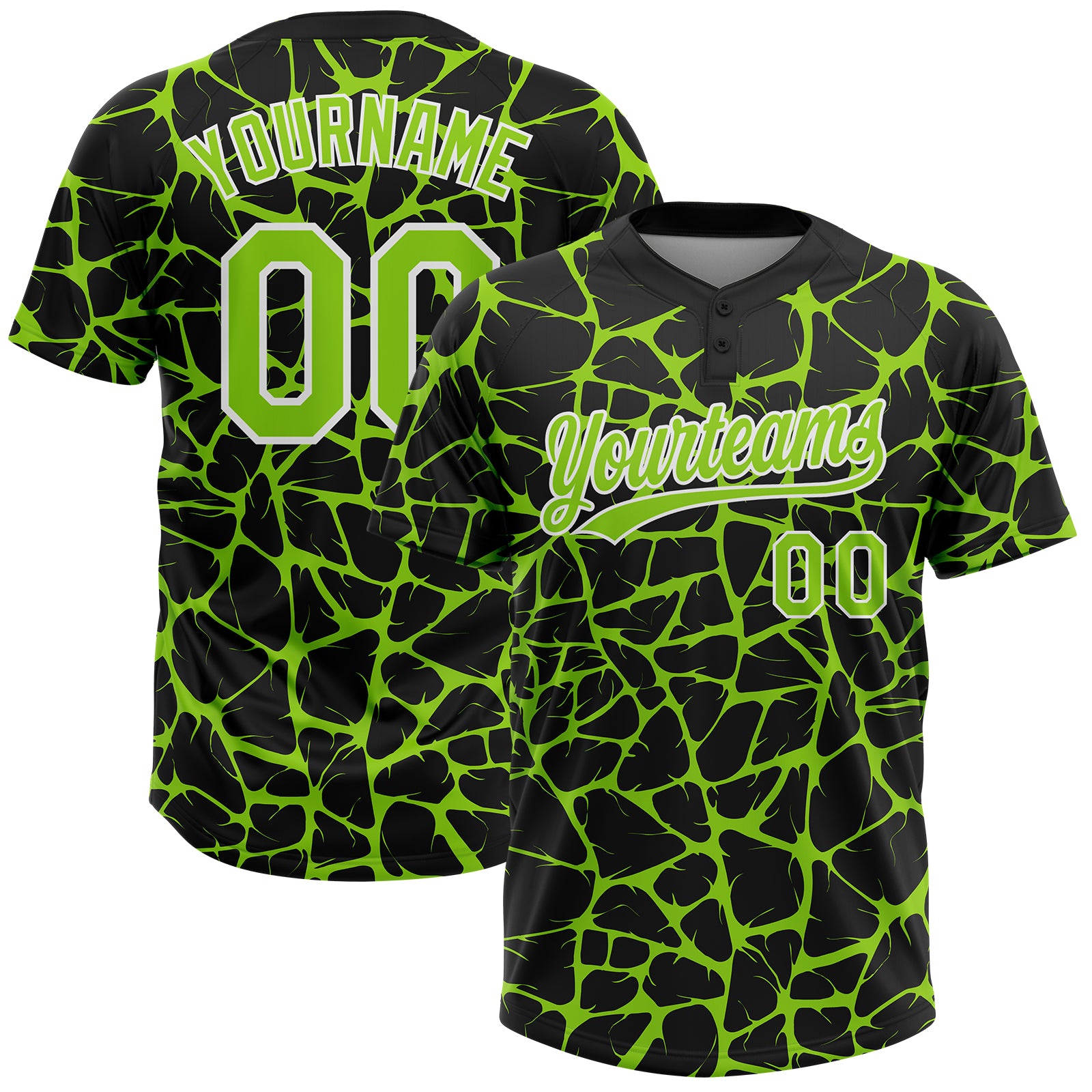 Custom Black Neon Green-White 3D Pattern Design Abstract Network Crackle Two-Button Unisex Softball Jersey