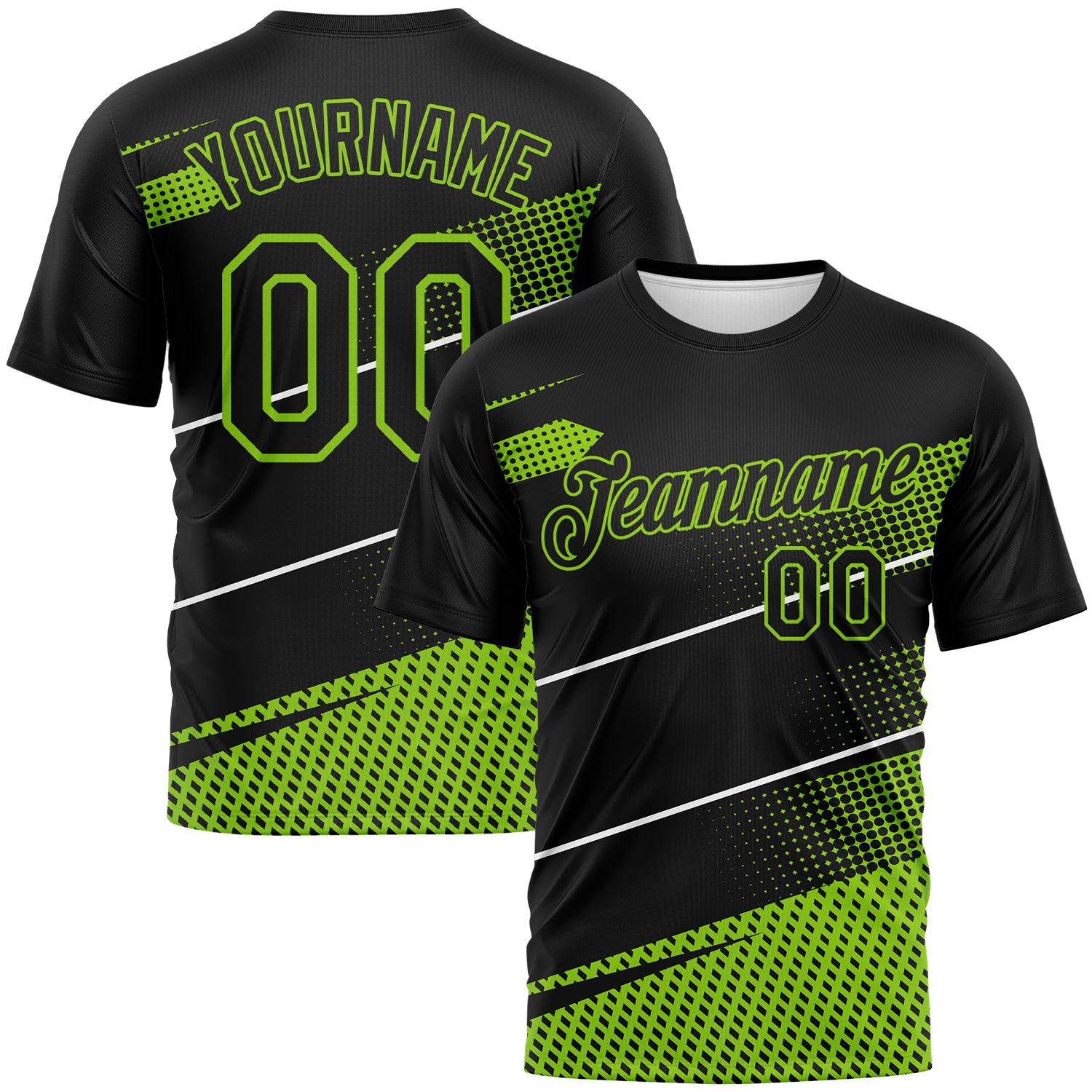 Custom Black Neon Green-White 3D Pattern Diagonal Stripe Halftone Performance T-Shirt