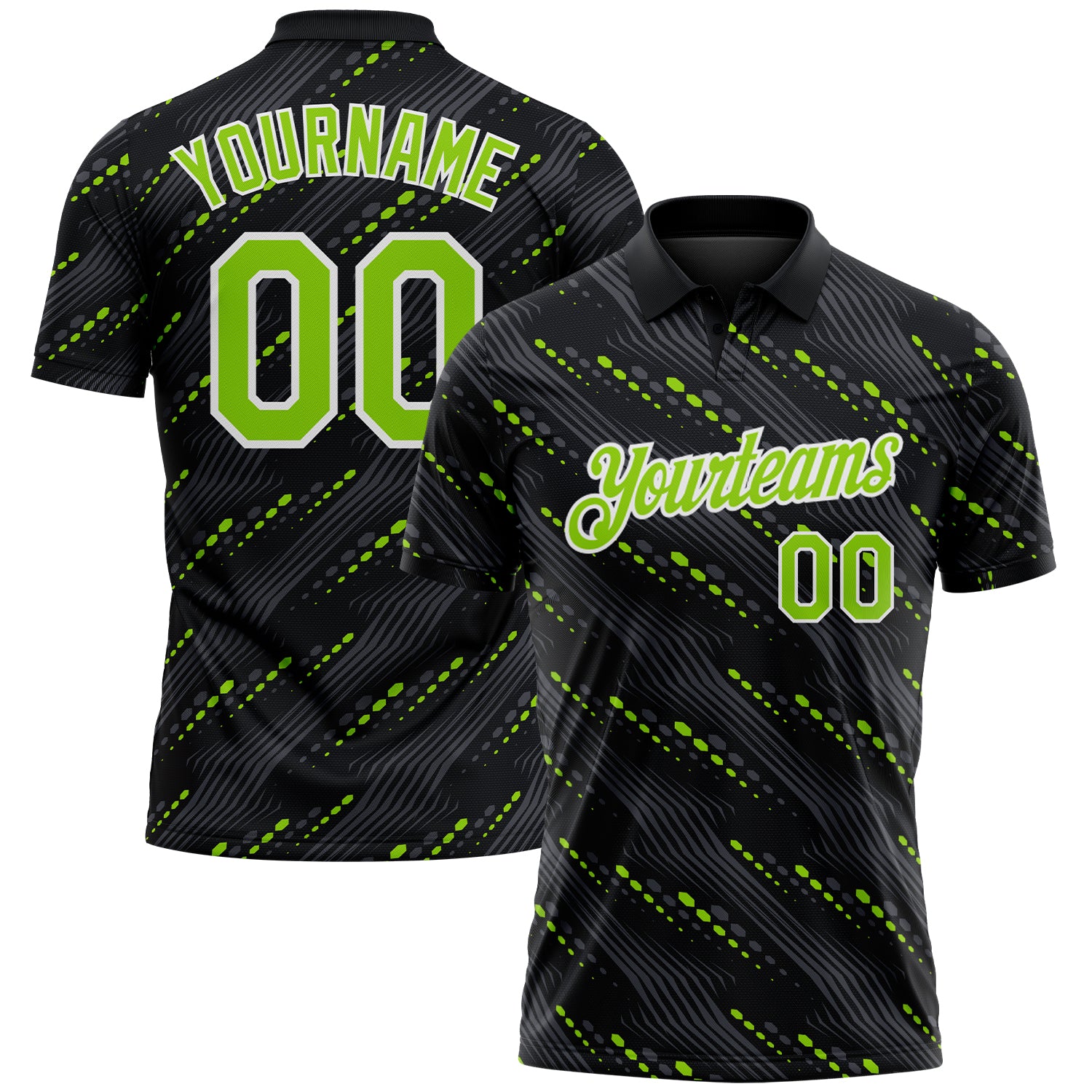 Custom Black Neon Green-White 3D Pattern Slant Lines Cyber Mecha Tech Performance Polo Shirt