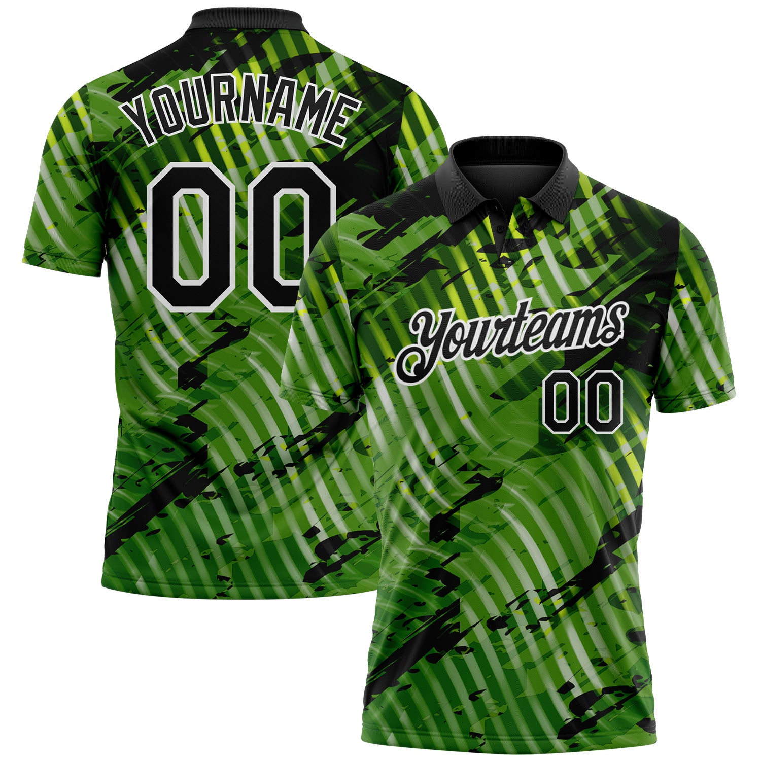 Custom Black Neon Green-White Abstract Grunge Splatter Diagonal Stripe Performance Polo Shirt