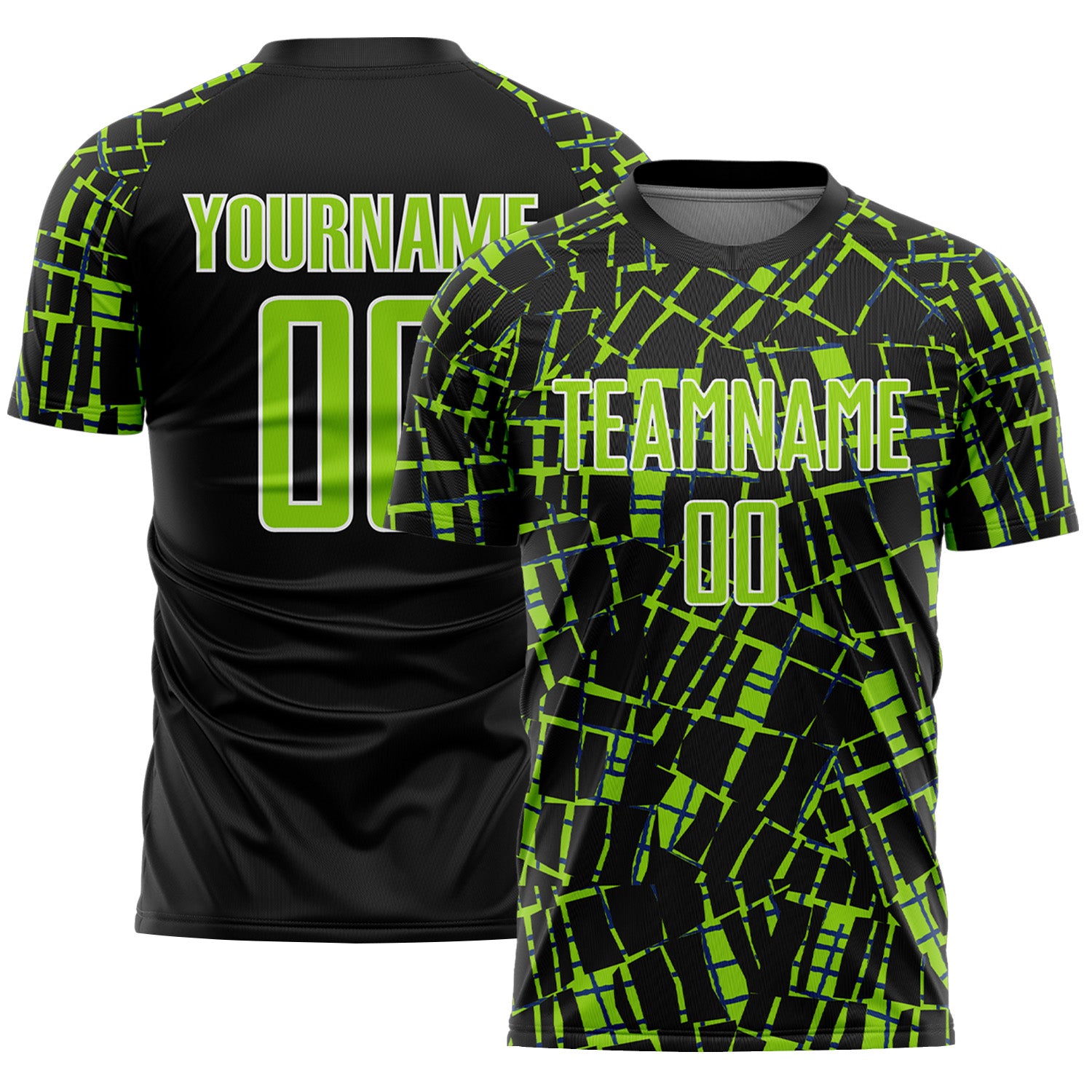 Custom Black Neon Green-White Abstract Line Sports Sublimation Soccer Uniform Jersey