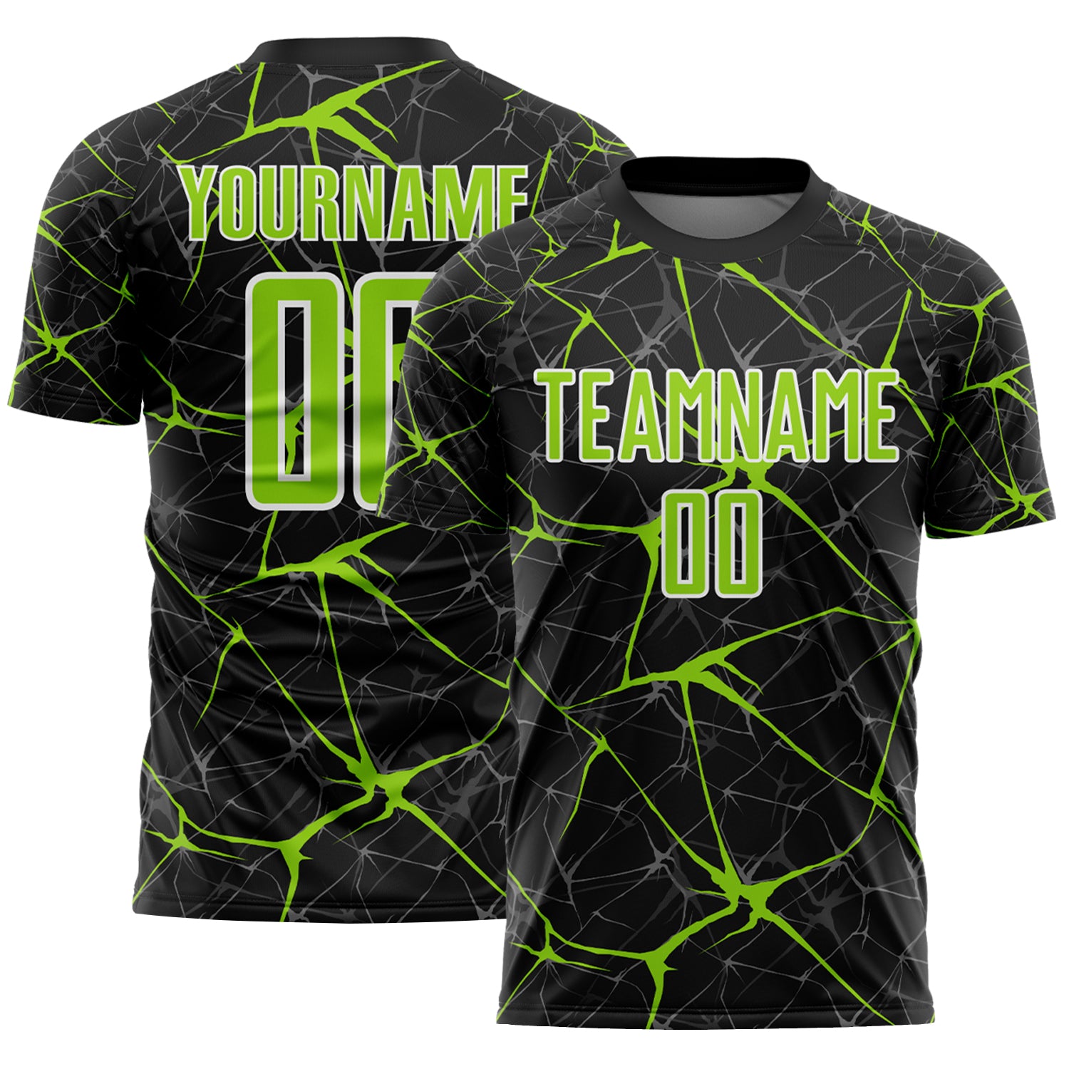 Custom Black Neon Green-White Abstract Network Crackle Sublimation Soccer Uniform Jersey