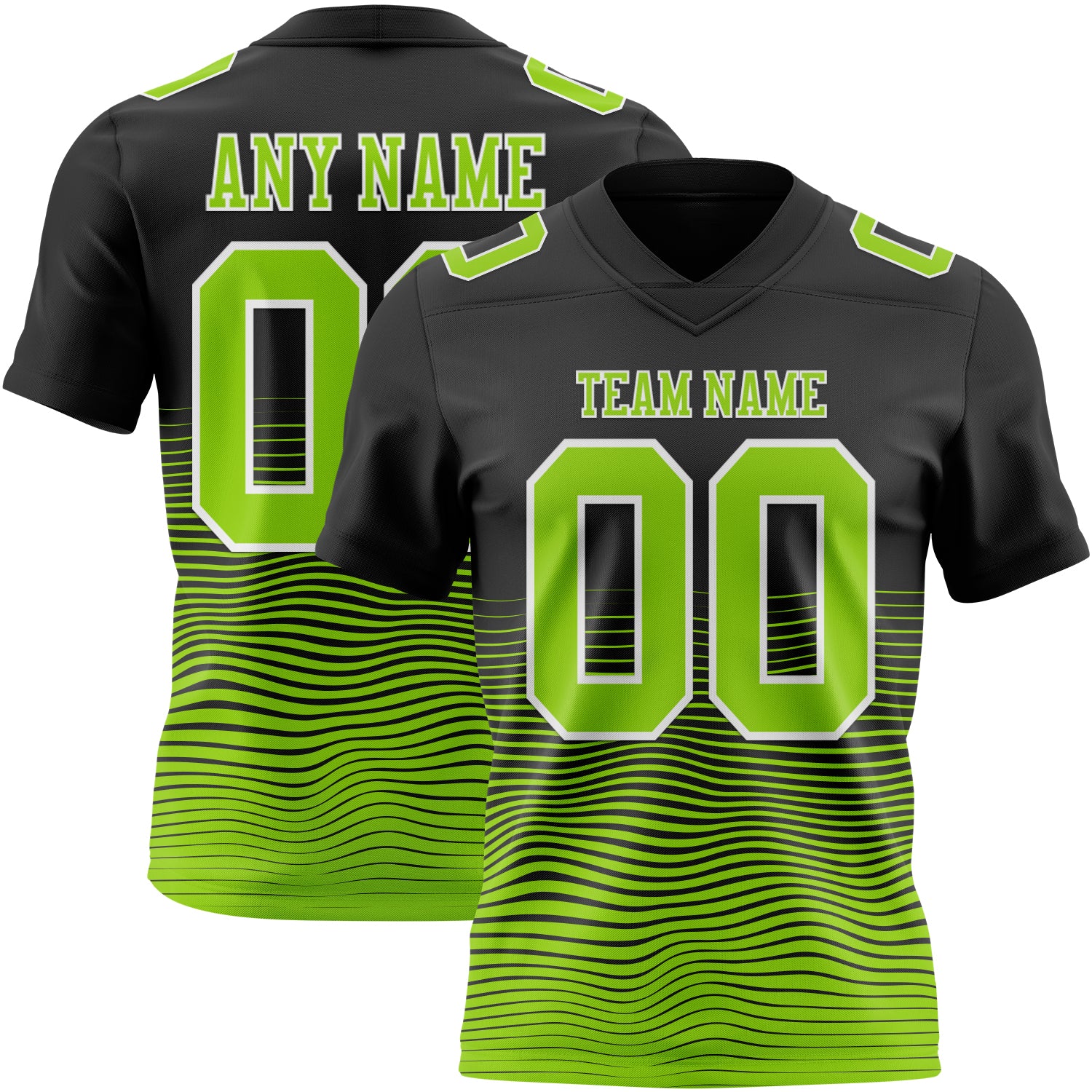 Custom Black Neon Green-White Authentic Fluid Wave Line Fade 7V7 Flag Football Jersey