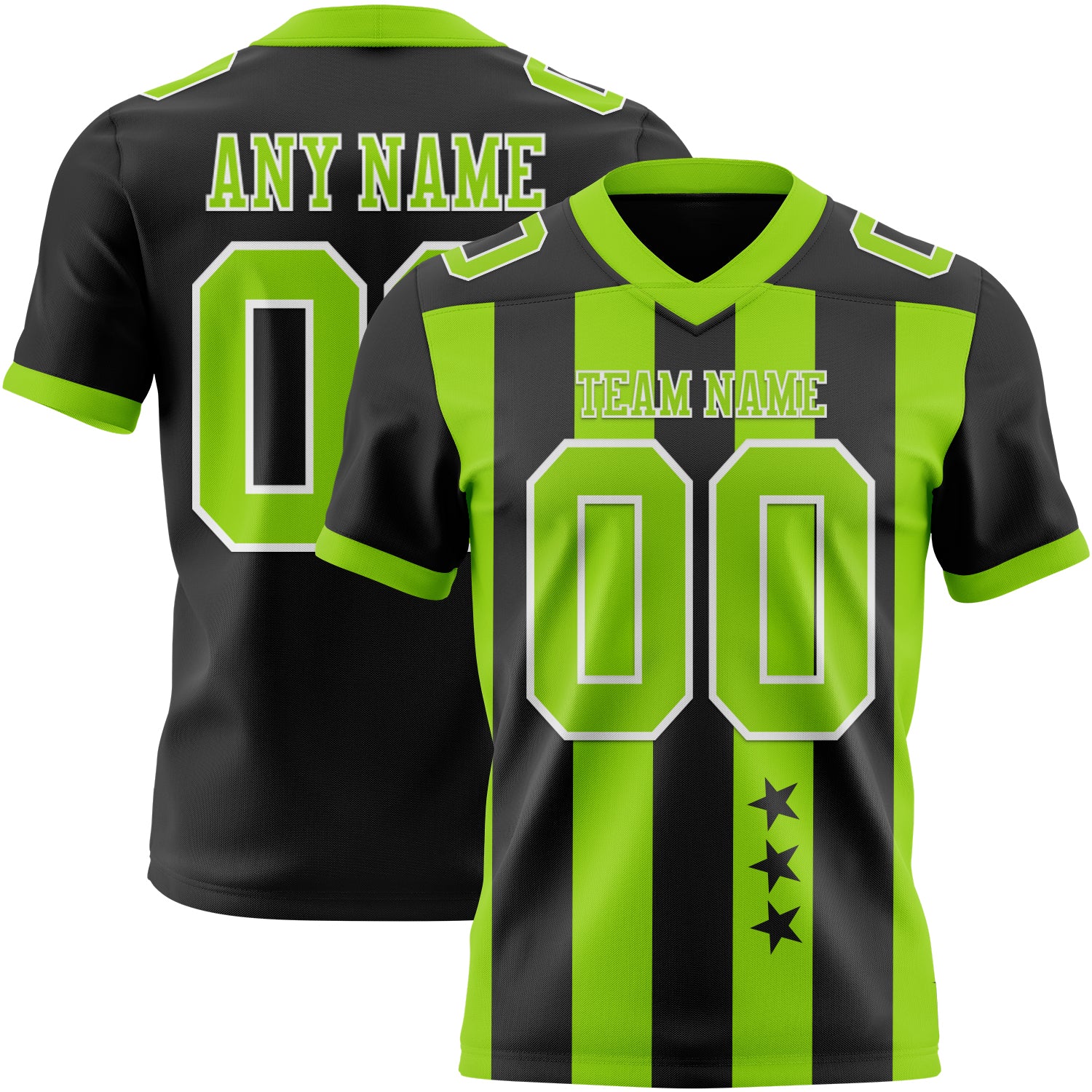 Custom Black Neon Green-White Authentic Stars And Stripes 7V7 Flag Football Jersey