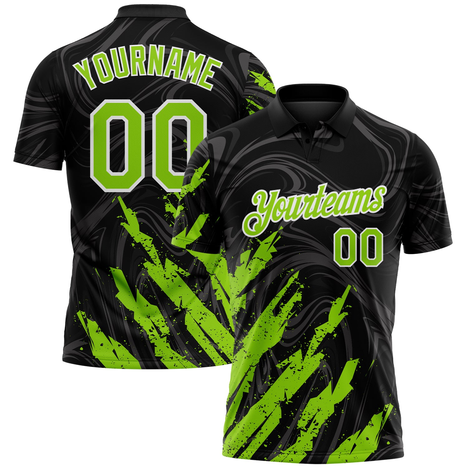 Custom Black Neon Green-White Brush Stroke Splatter Liquid Swirl Performance Polo Shirt