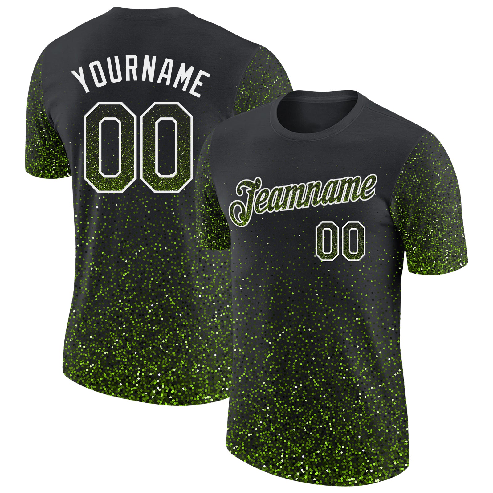 Custom Black Neon Green-White Colorful Sparkle Gradient Dots Performance T-Shirt