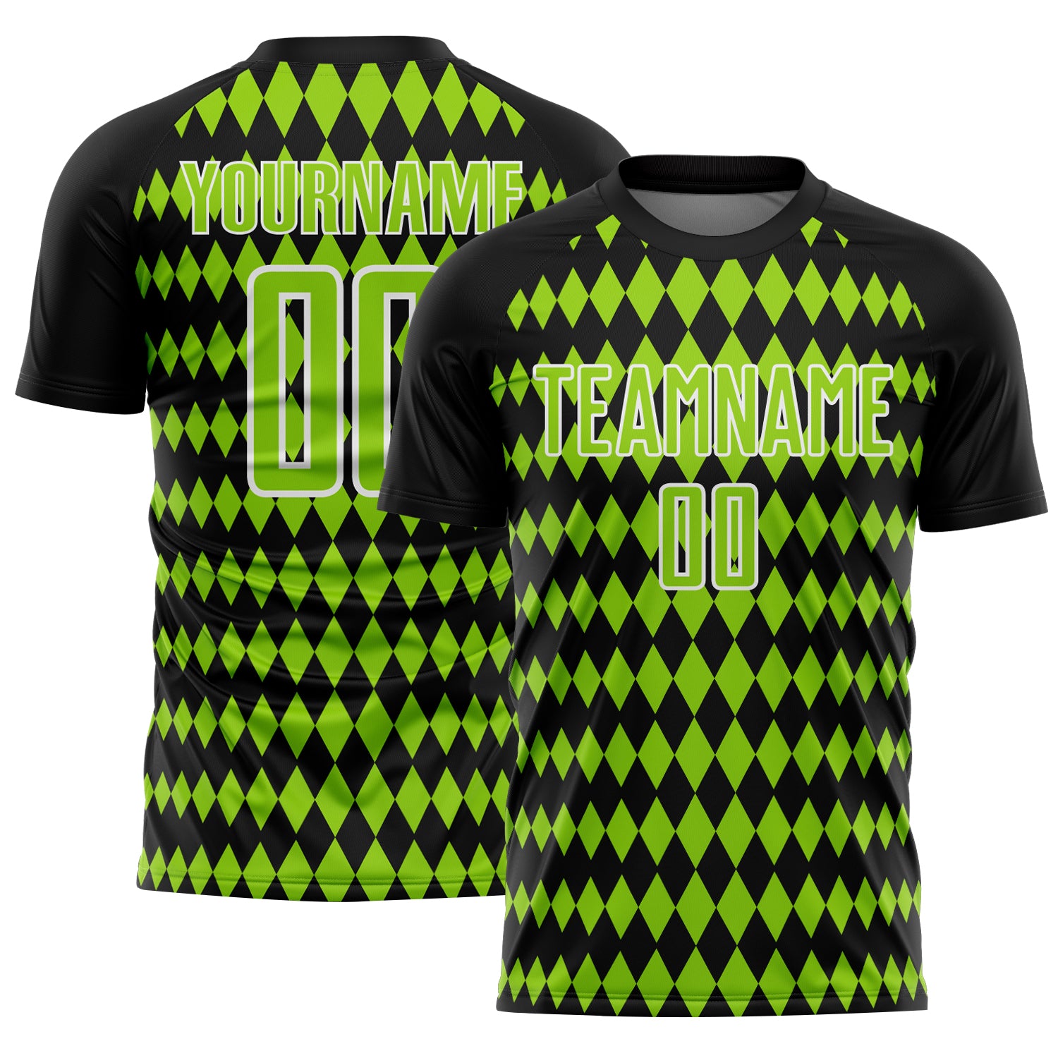 Custom Black Neon Green-White Diamond Harlequin Check Sports Sublimation Soccer Uniform Jersey