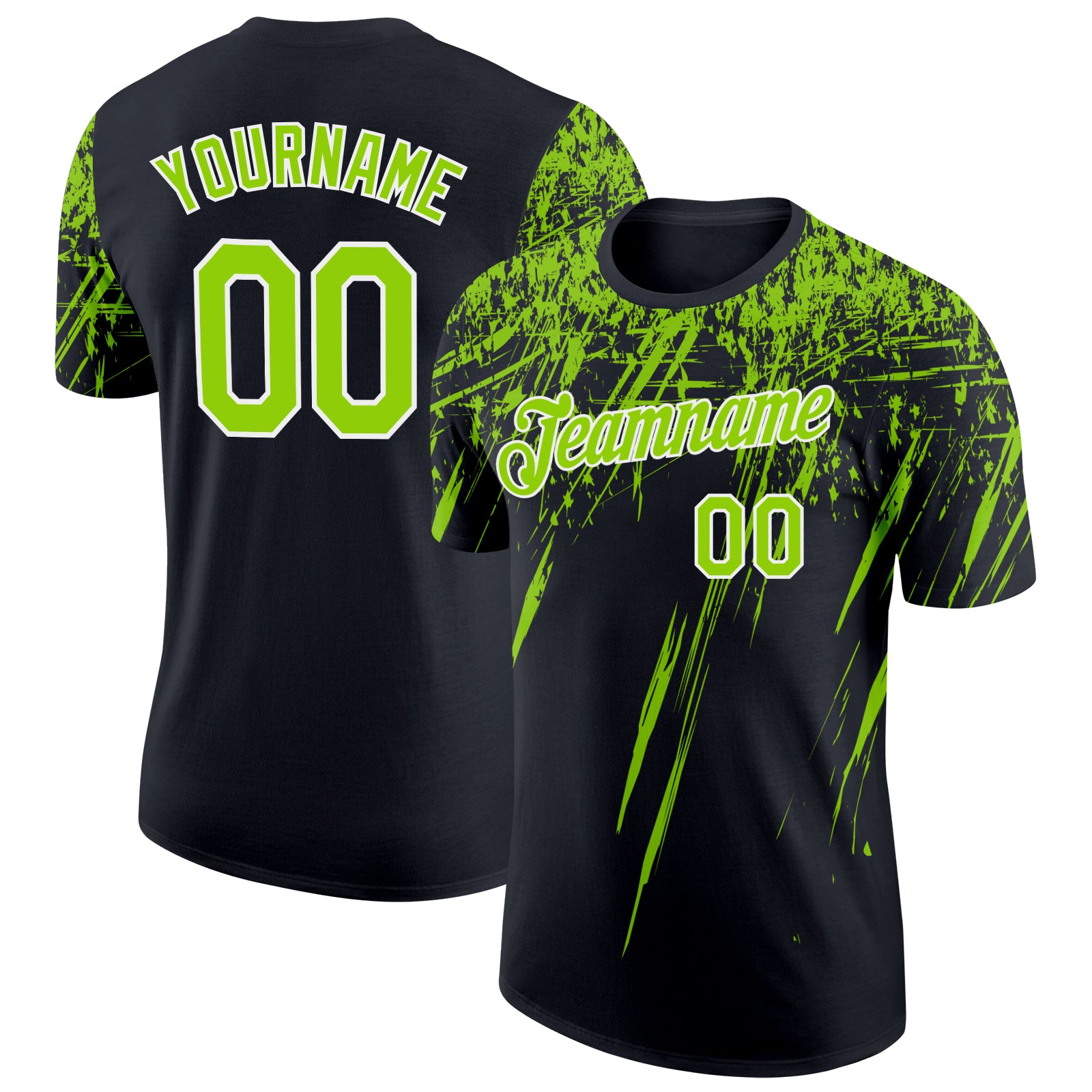 Custom Black Neon Green-White Distressed Scratch Brush Stroke Performance T-Shirt