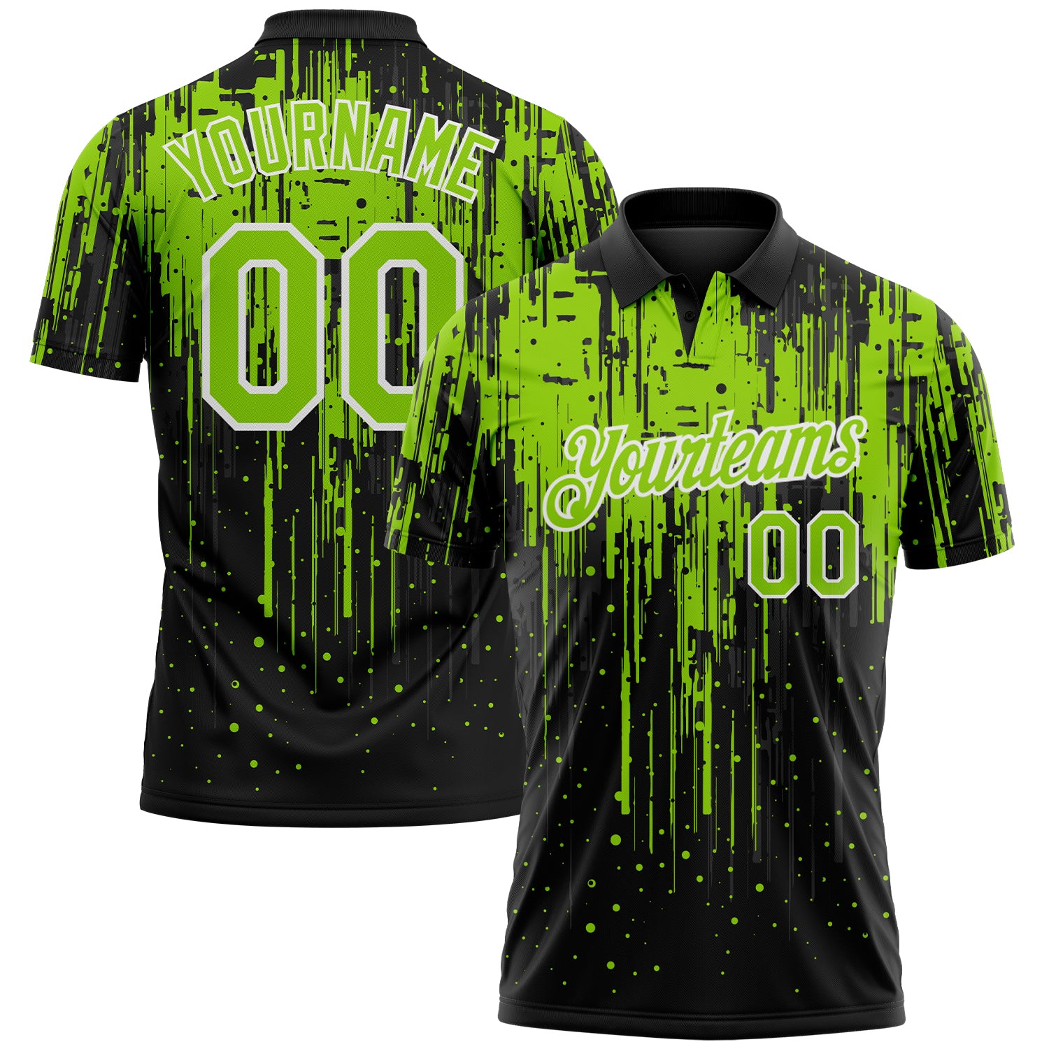 Custom Black Neon Green-White Dripping Splatter Paint Performance Polo Shirt