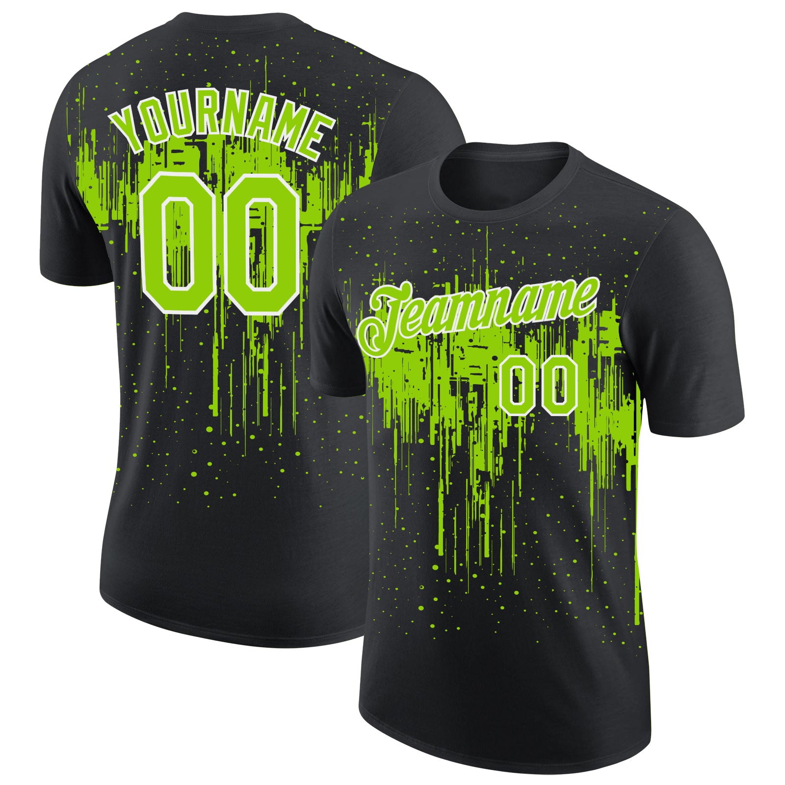 Custom Black Neon Green-White Dripping Splatter Paint Performance T-Shirt