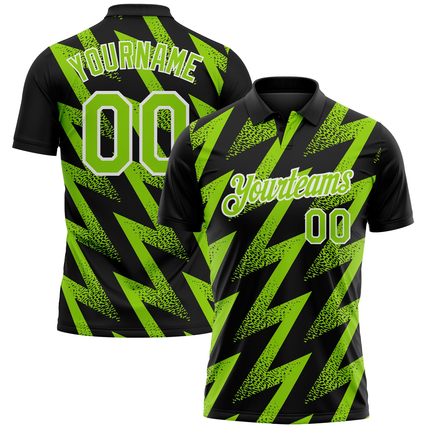 Custom Black Neon Green-White Geometric Zigzag Shape Lightning Performance Polo Shirt