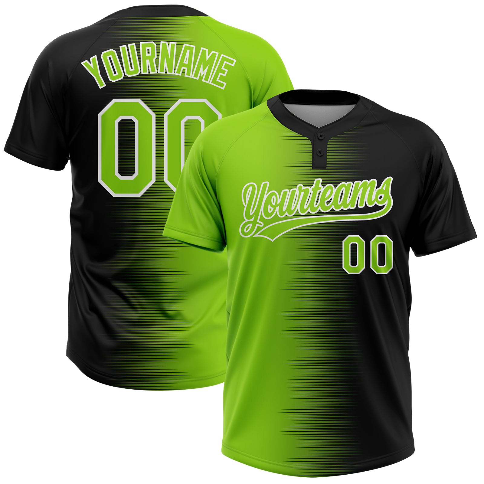 Custom Black Neon Green-White Gradient Horizontal Stripe Two-Button Unisex Softball Jersey