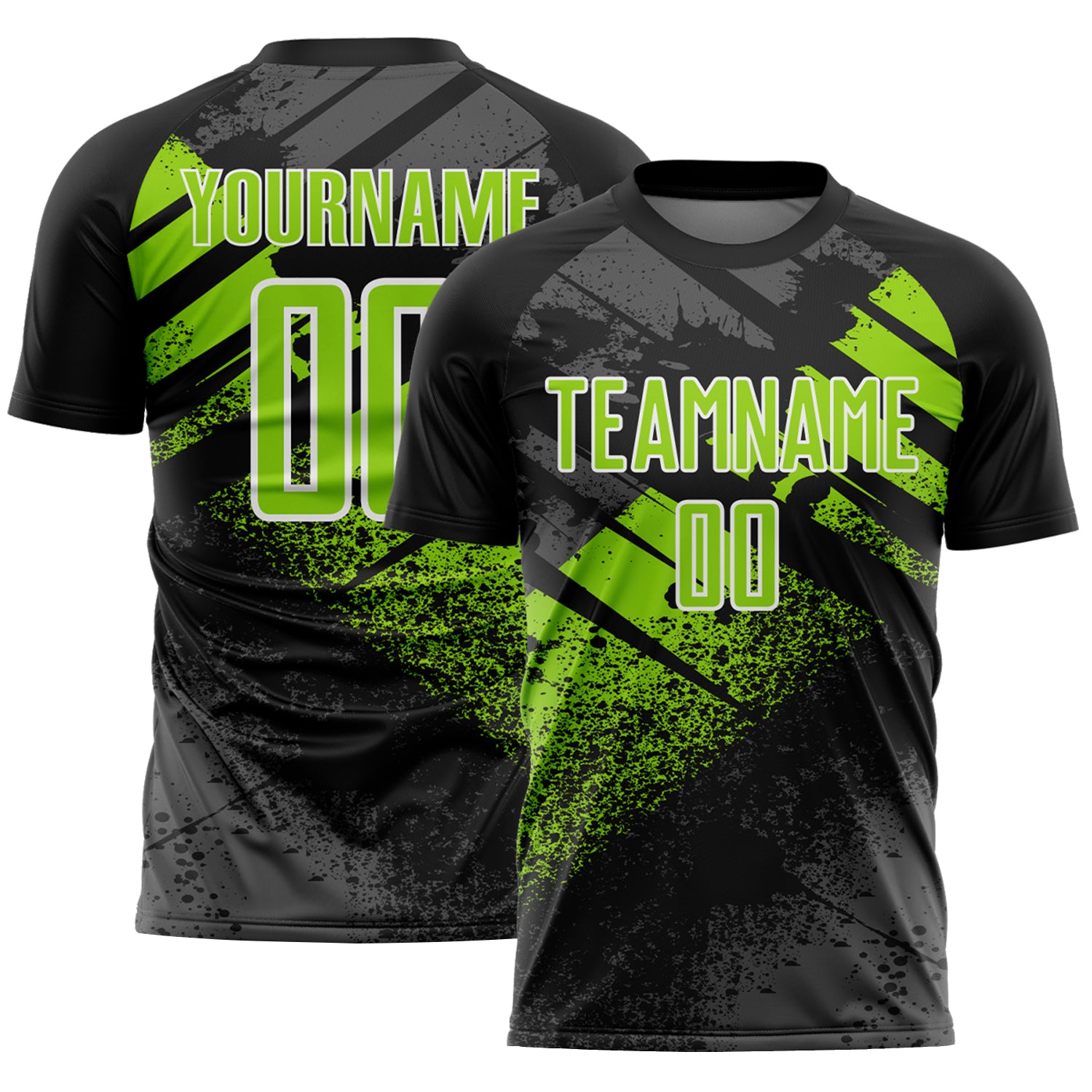 Custom Black Neon Green-White Grunge Splatter Brush Stroke Sublimation Soccer Uniform Jersey