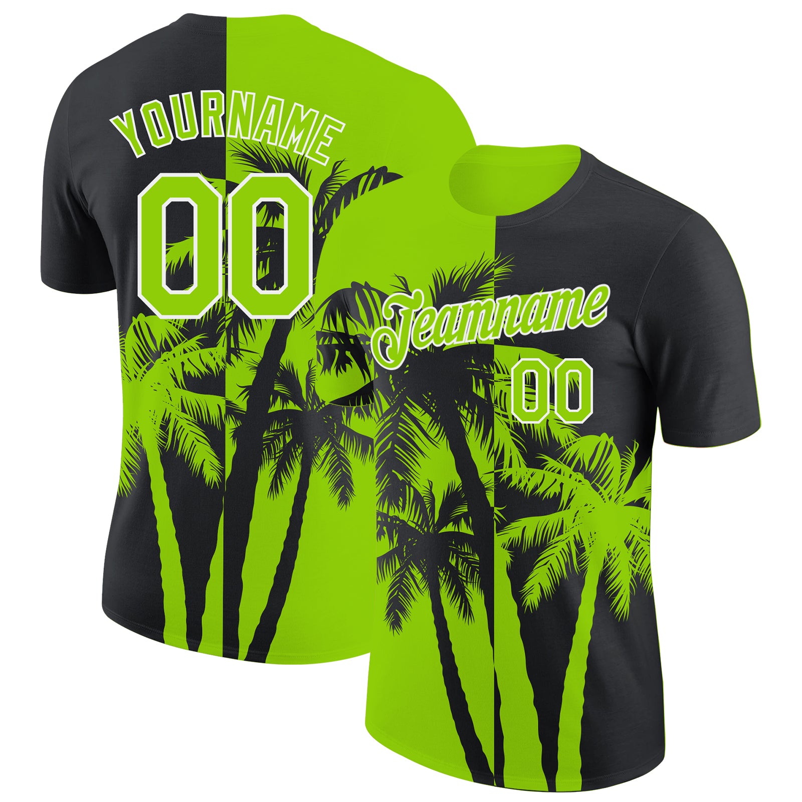 Custom Black Neon Green-White Hawaii Tropical Coastal Palm Trees Performance T-Shirt
