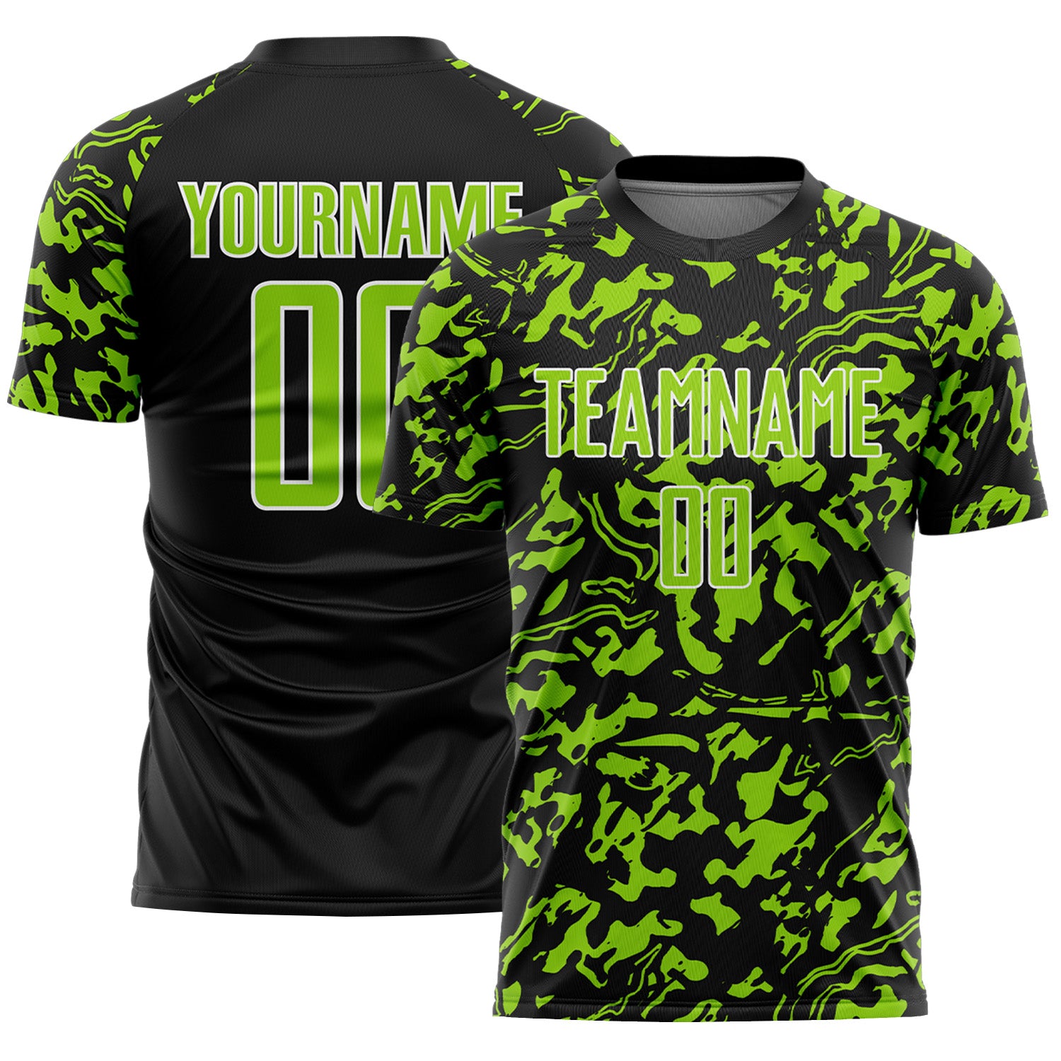 Custom Black Neon Green-White Liquid Fluid Pattern Sports Sublimation Soccer Uniform Jersey