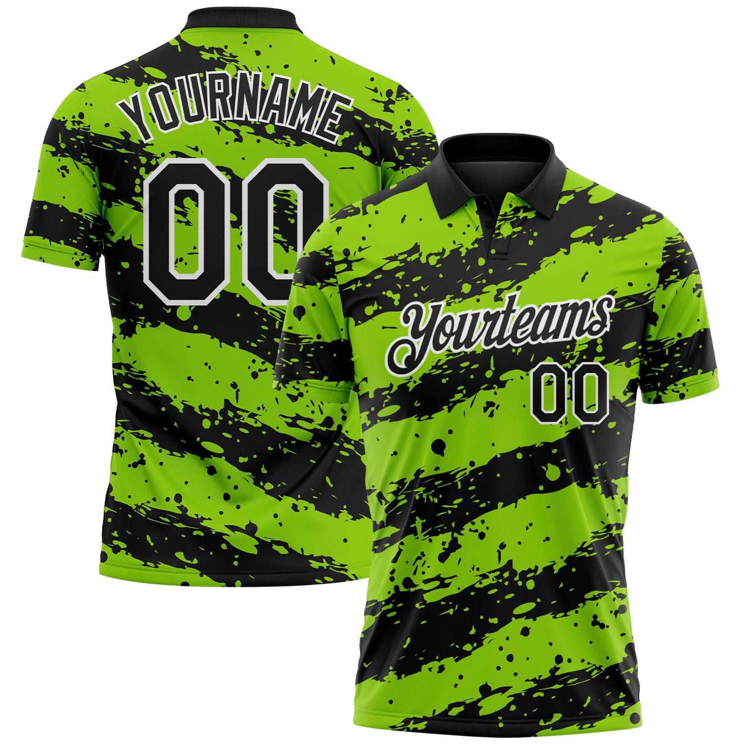 Custom Black Neon Green-White Paint Splash Stripe Performance Polo Shirt