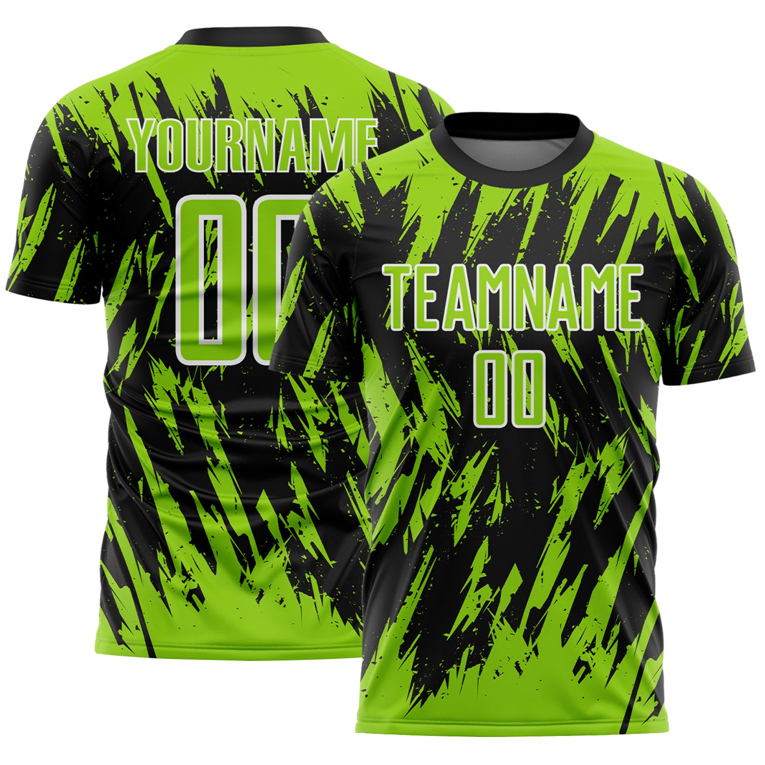Custom Black Neon Green-White Splatter Torn Sharp Brush Stroke Sublimation Soccer Uniform Jersey