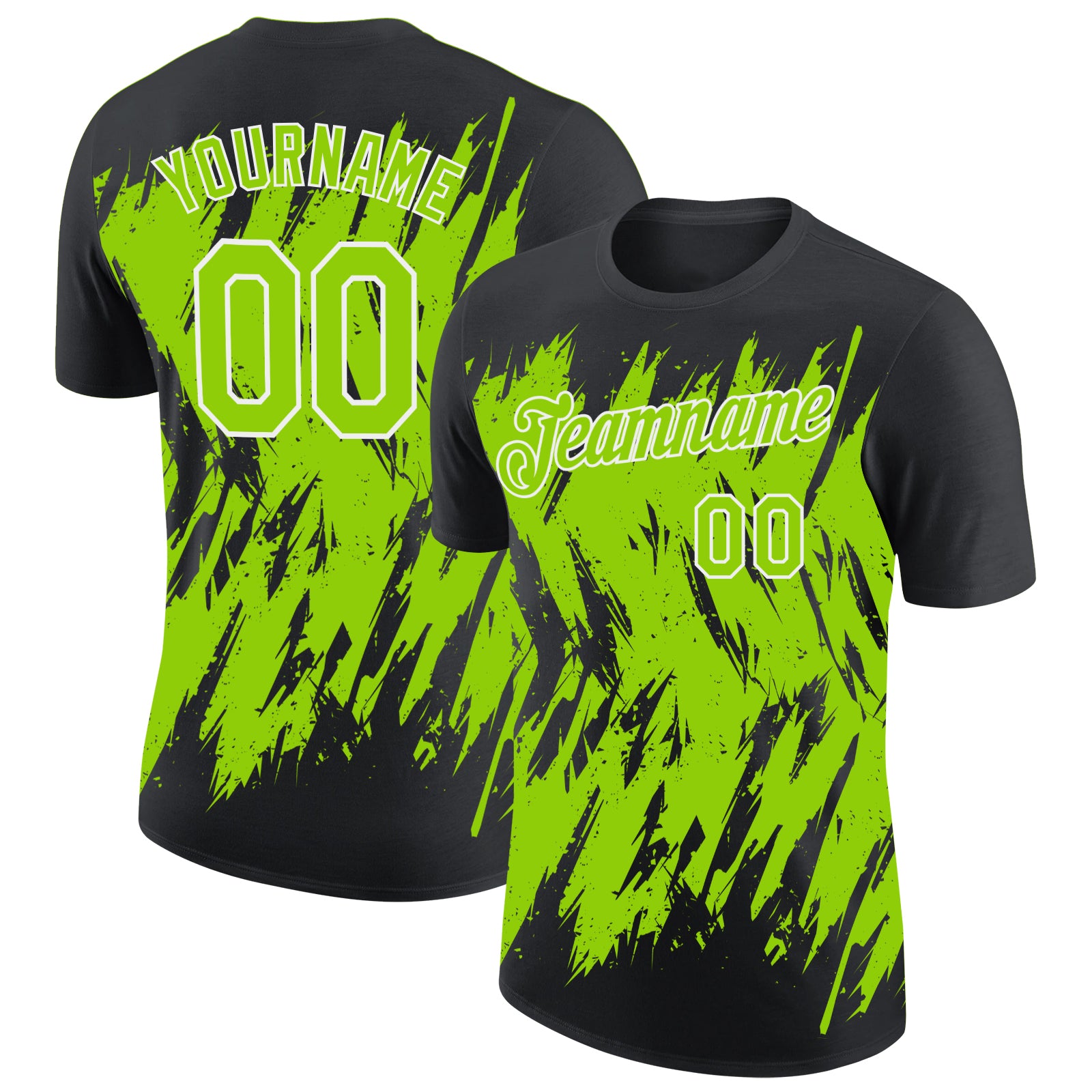 Custom Black Neon Green-White Torn Sharp Brush Stroke Splatter Performance T-Shirt