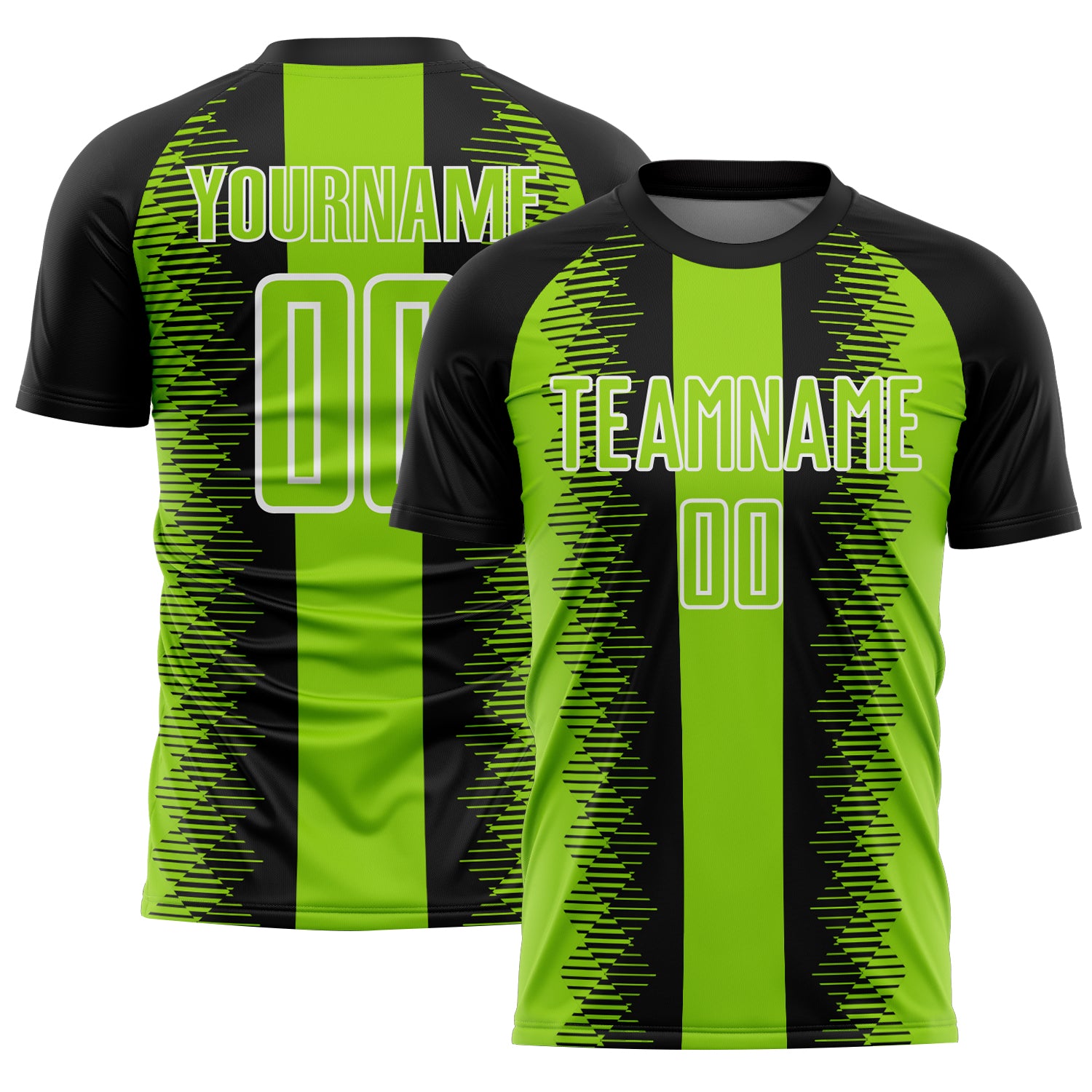 Custom Black Neon Green-White Zigzag Diamond Stripe Sports Sublimation Soccer Uniform Jersey