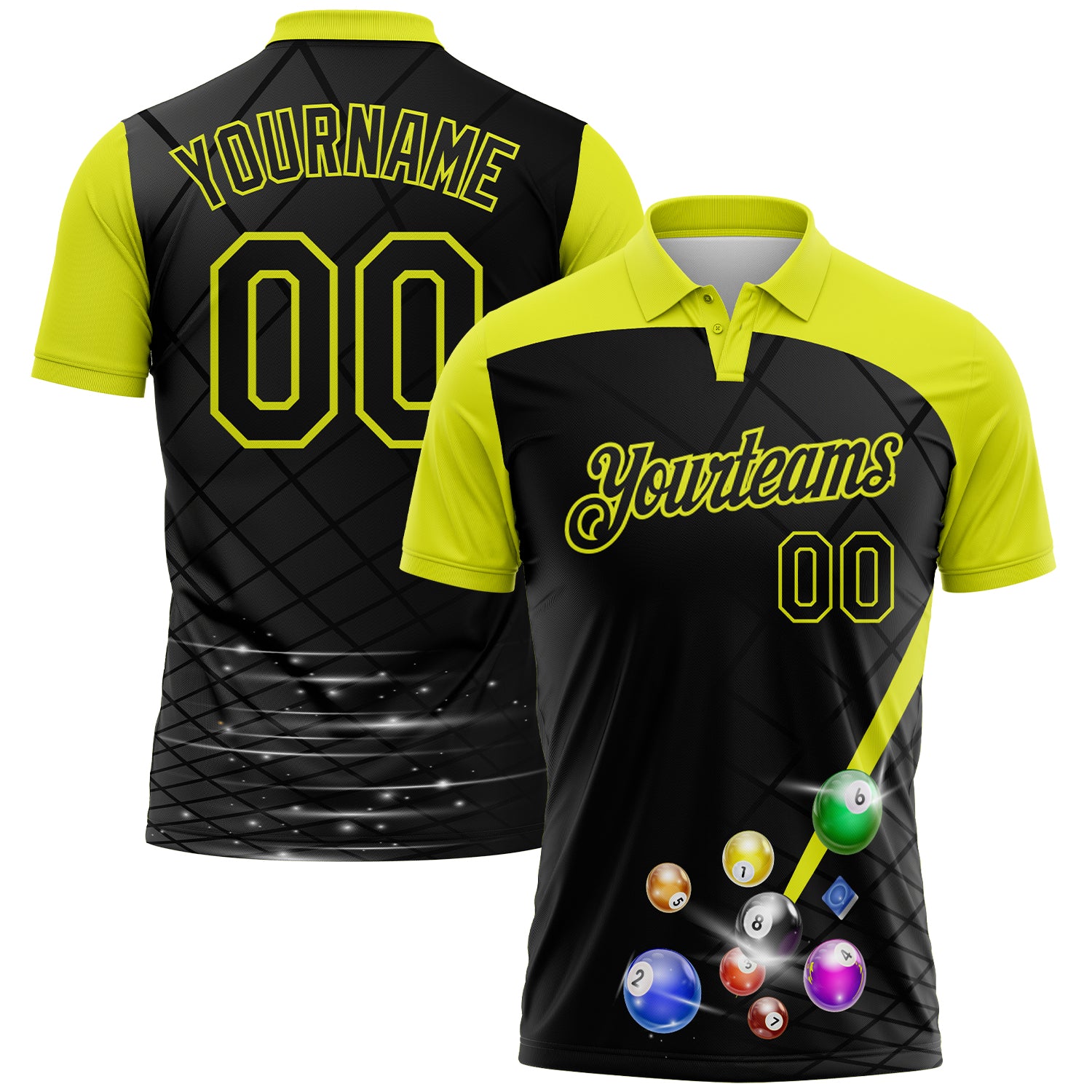 Custom Black-Neon Yellow Billiard Balls Performance Polo Shirt