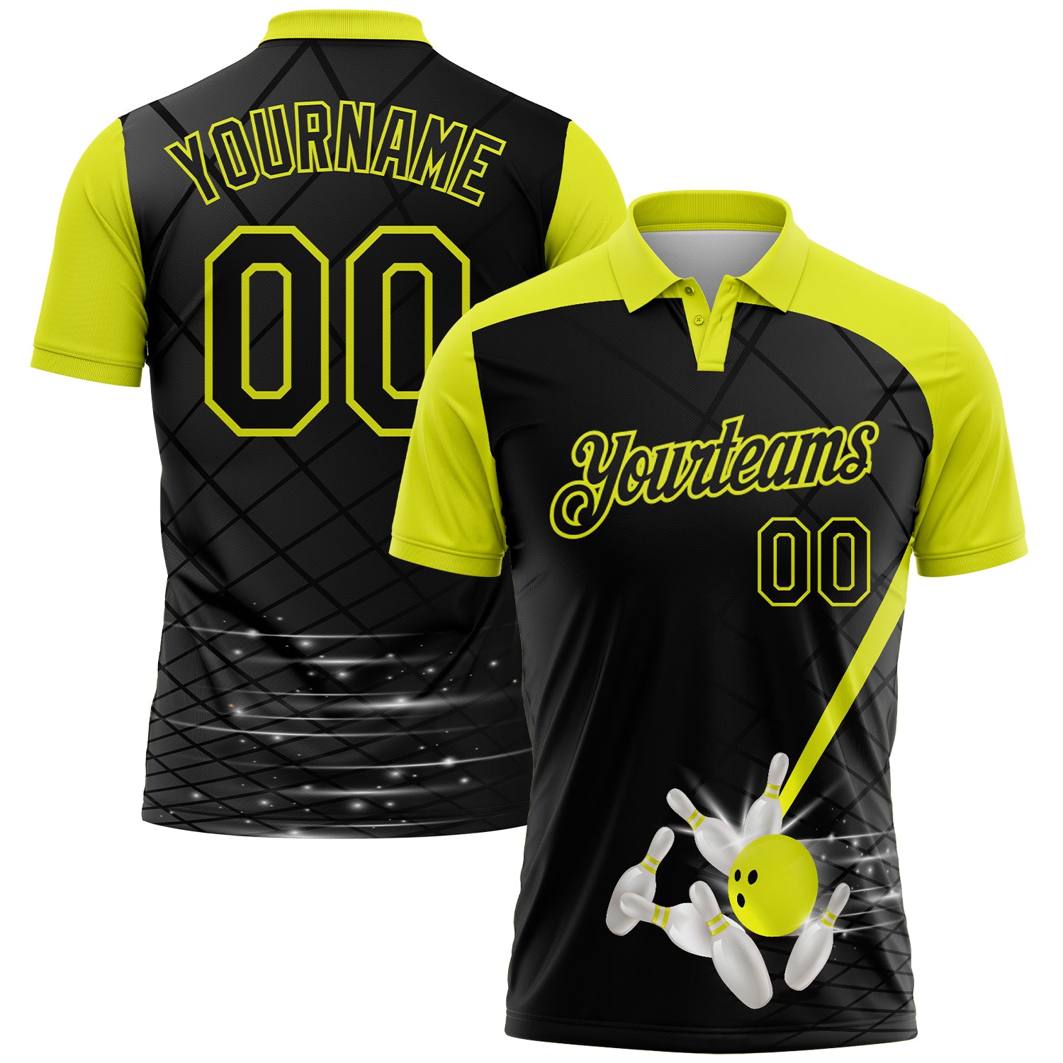 Custom Black-Neon Yellow Bowling Geometric Grid Performance Polo Shirt
