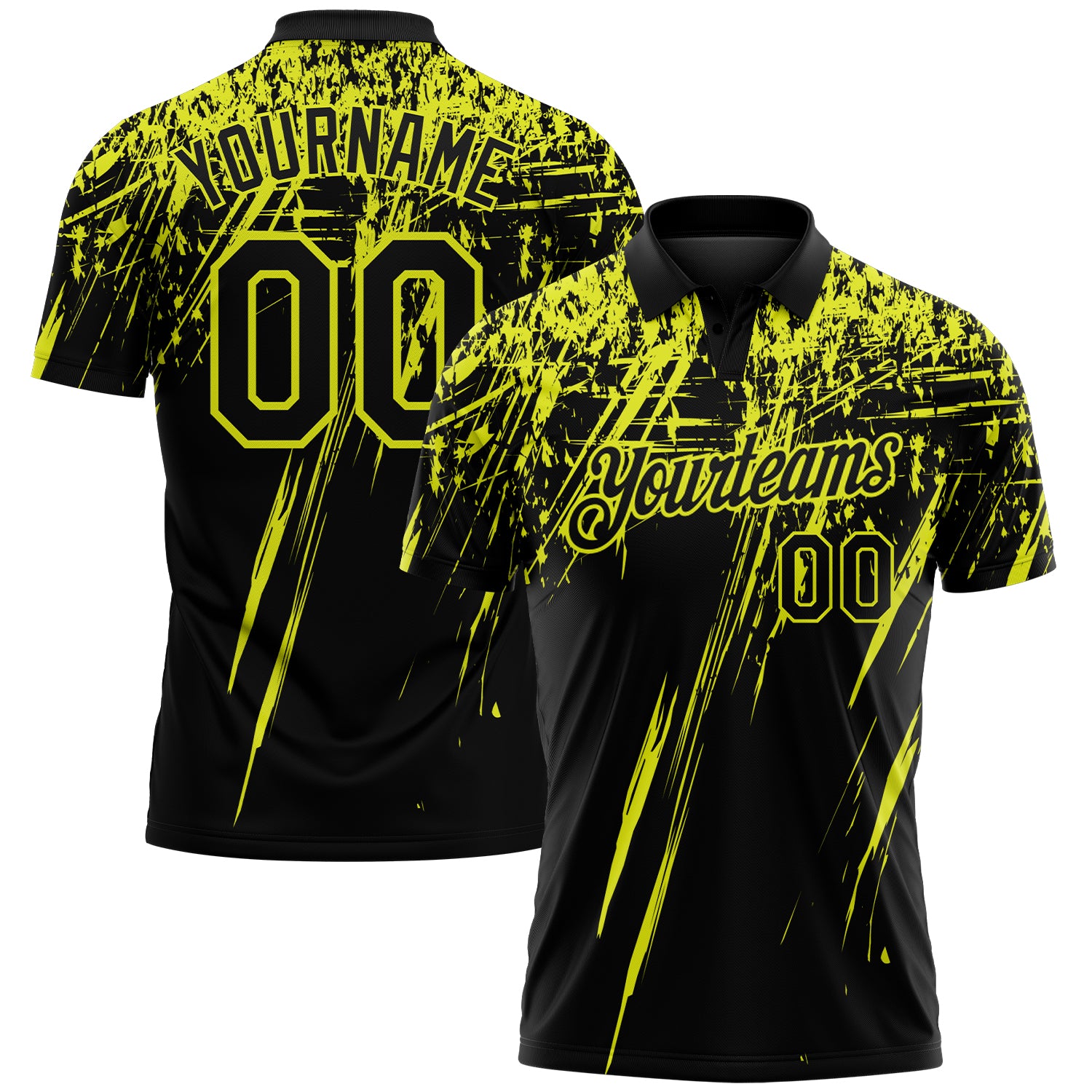 Custom Black-Neon Yellow Distressed Scratch Brush Stroke Performance Polo Shirt