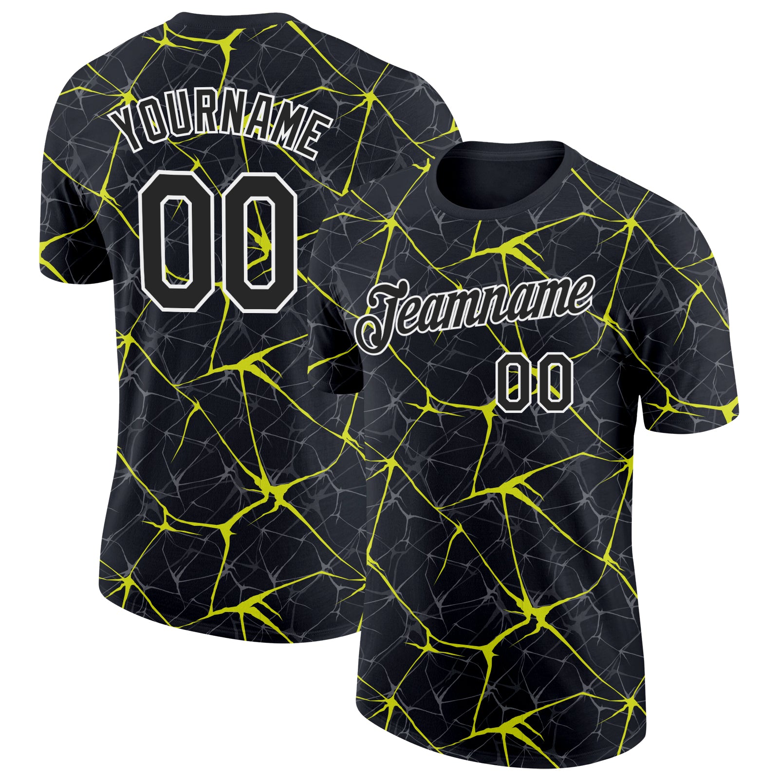 Custom Black Neon Yellow Gray-White Abstract Network Crackle Performance T-Shirt