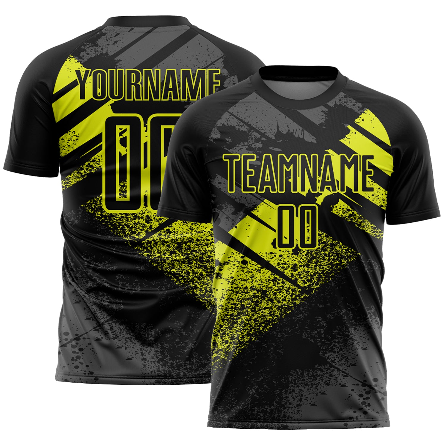 Custom Black-Neon Yellow Grunge Splatter Brush Stroke Sublimation Soccer Uniform Jersey