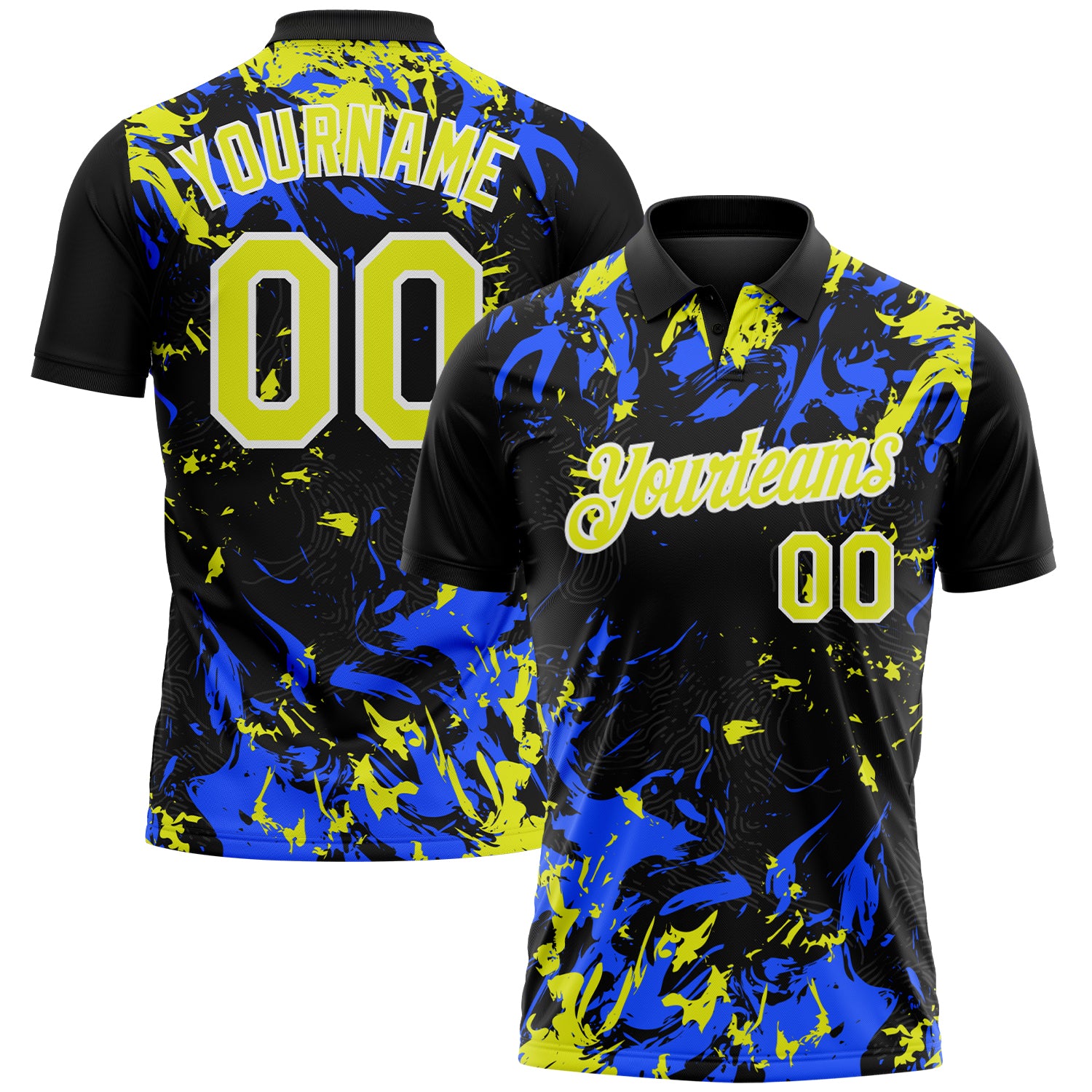 Custom Black Neon Yellow Royal-White Dynamic Splatter Brush Stroke Performance Polo Shirt