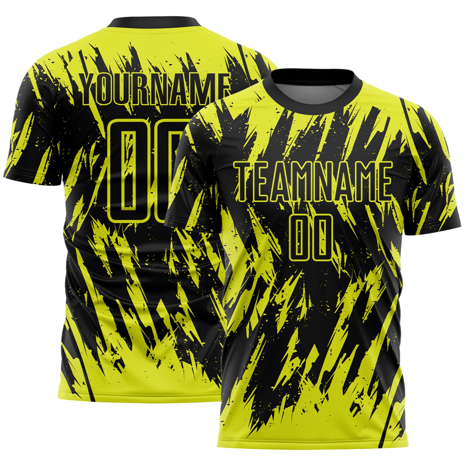 Custom Black-Neon Yellow Splatter Torn Sharp Brush Stroke Sublimation Soccer Uniform Jersey
