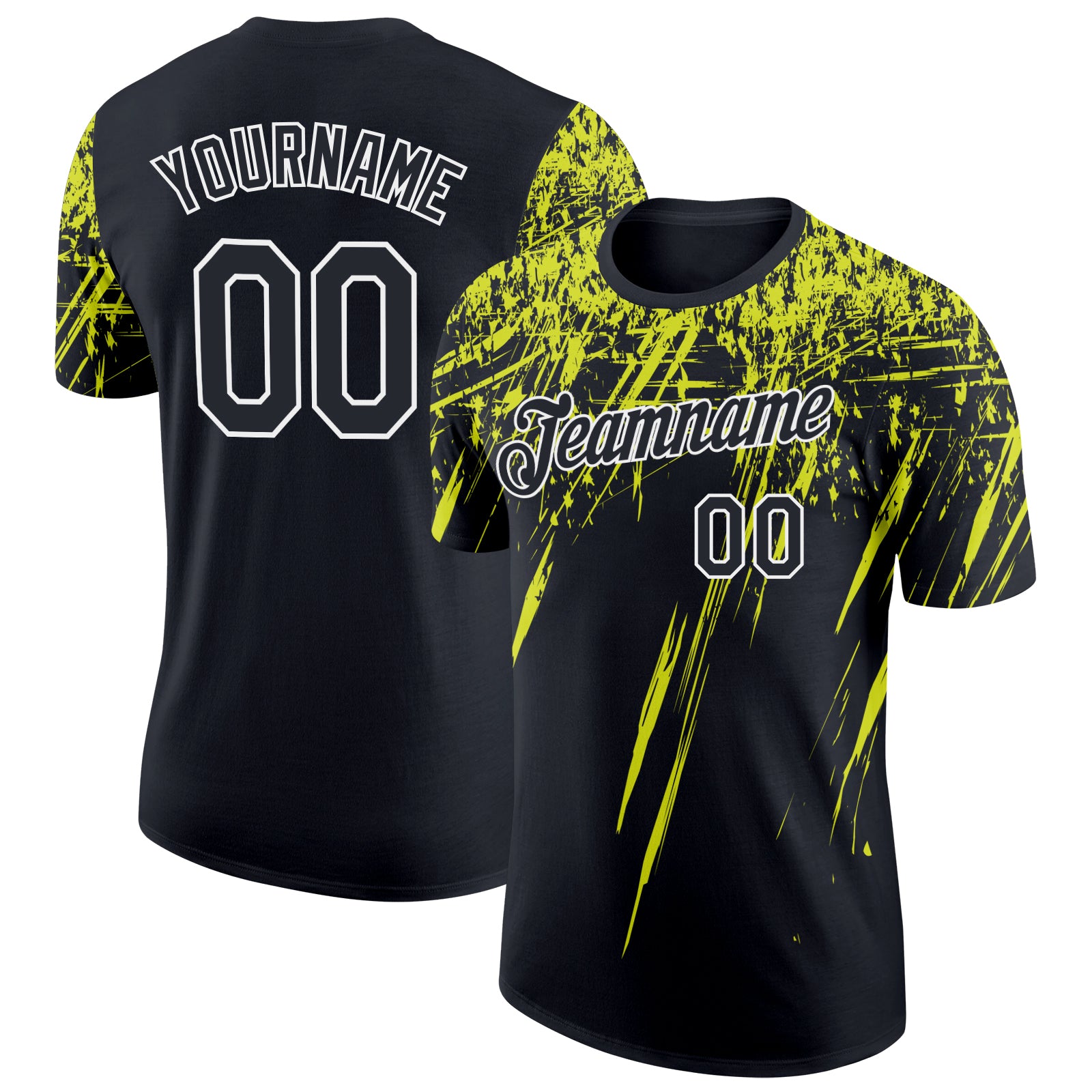 Custom Black Neon Yellow-White Distressed Scratch Brush Stroke Performance T-Shirt