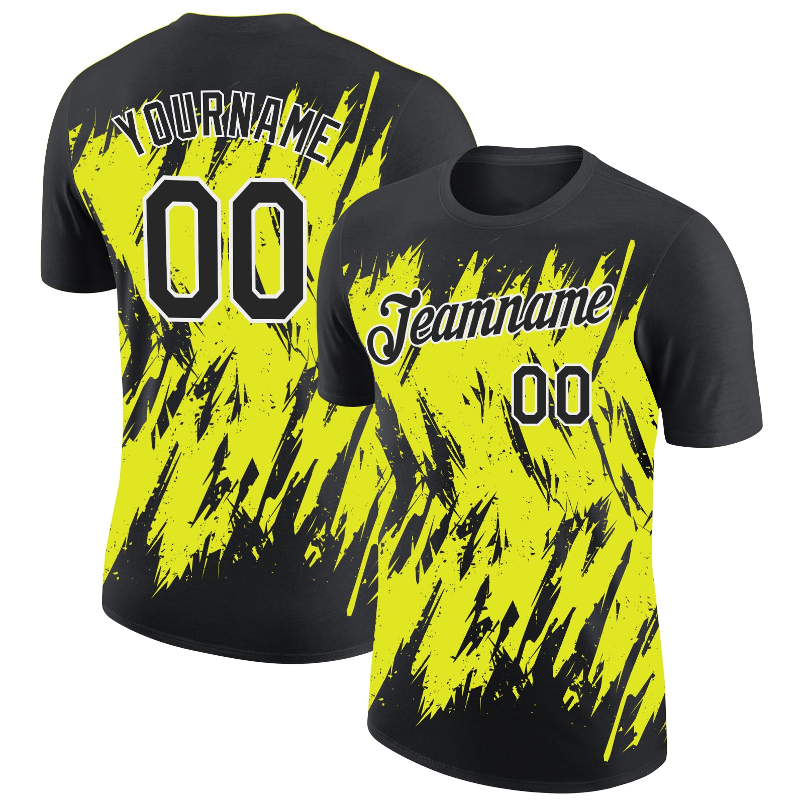 Custom Black Neon Yellow-White Torn Sharp Brush Stroke Splatter Performance T-Shirt