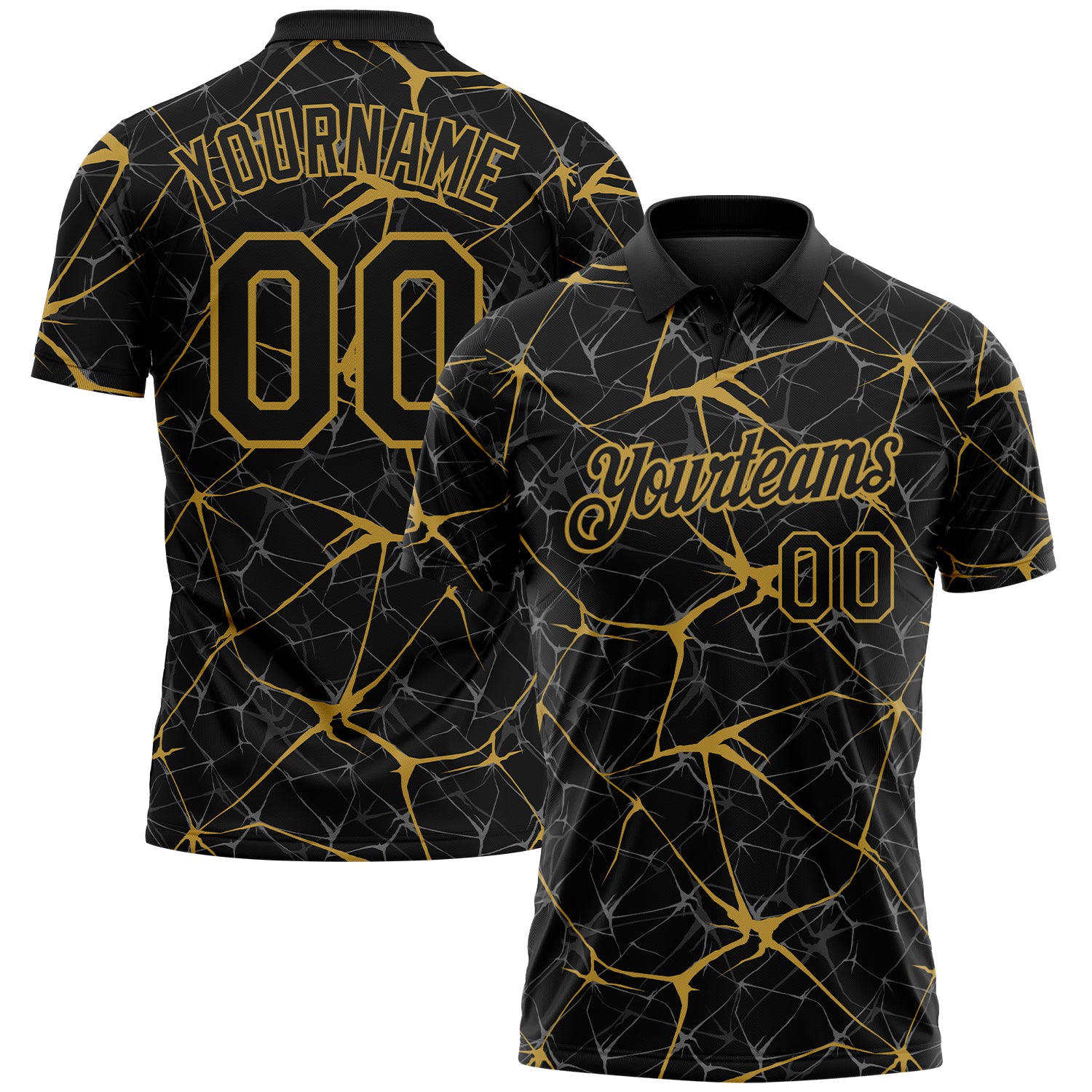 Custom Black-Old Gold 3D Pattern Abstract Network Crackle Performance Polo Shirt