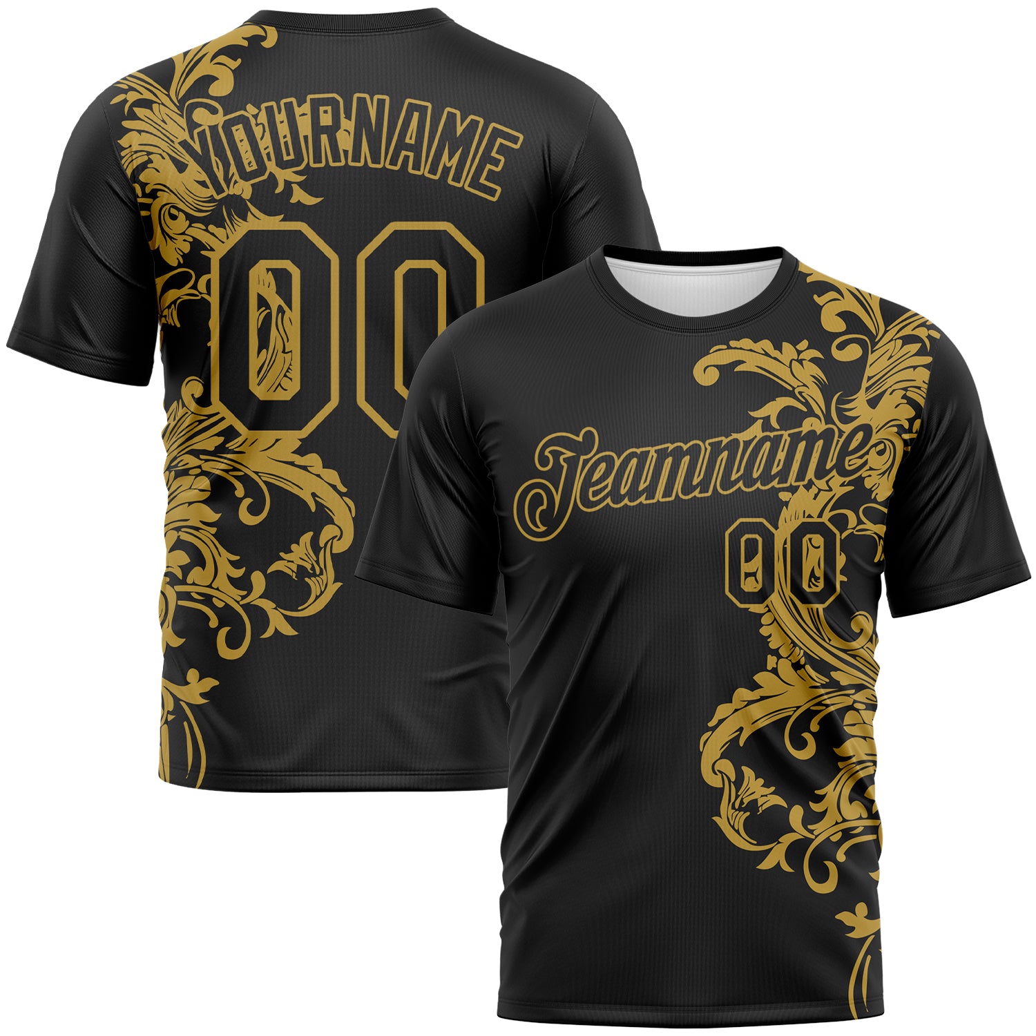Custom Black-Old Gold 3D Pattern Baroque Rococo Floral Scrollwork Performance T-Shirt